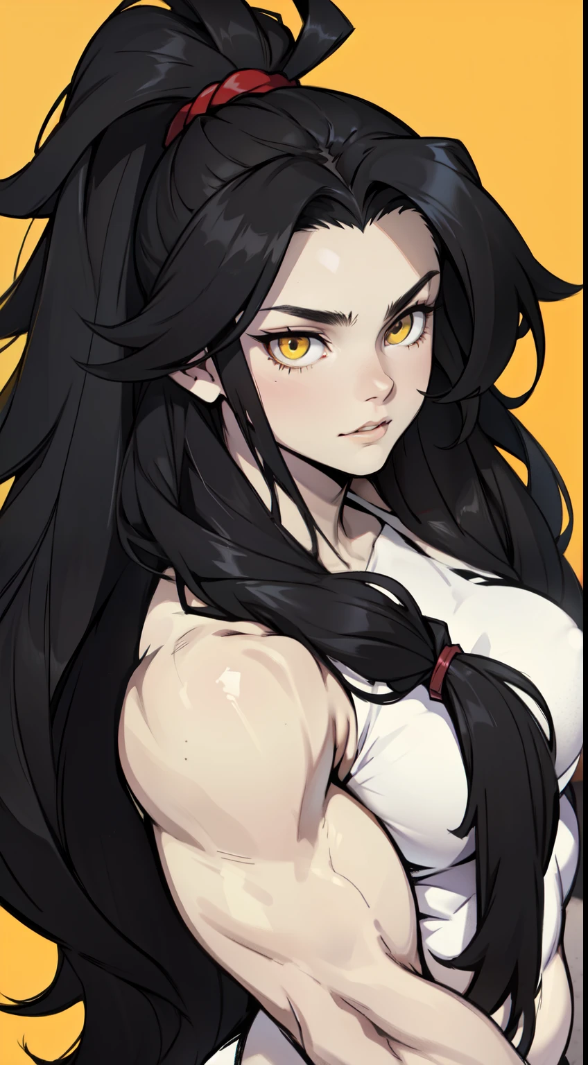 (messy hair extremely long hair black hair yellow eyes pale skin (muscular girl thick girl))