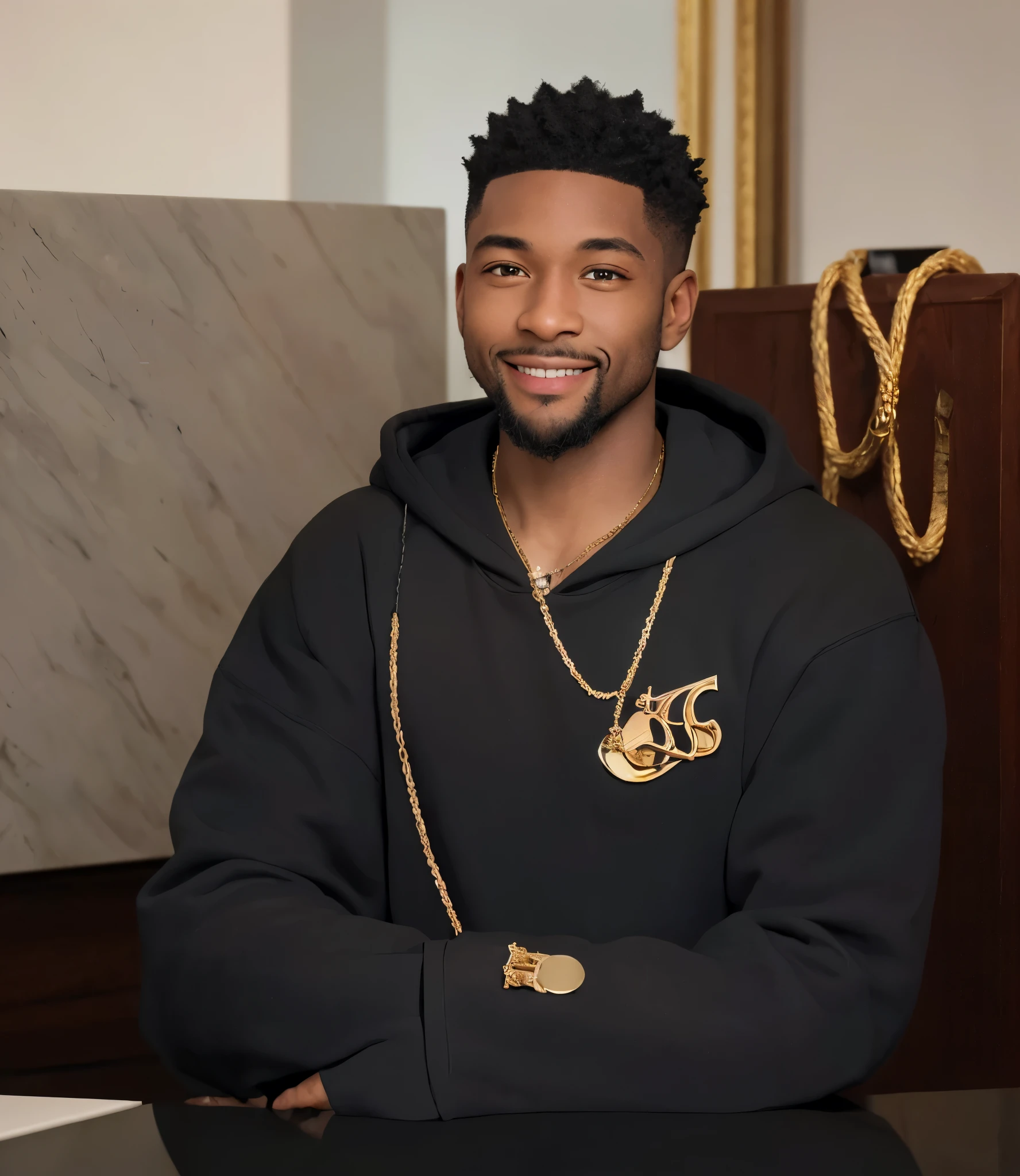render of a black male, with black chin hair, with a gold rope chain around neck with pendant 5, sitting in modern marble desk looking into the camera, hands on table, wearing a black hoodie, soft lighting, close portrait smiling, 24mm length,F/1.4, AR 9:16, in style of a disney pixar character.