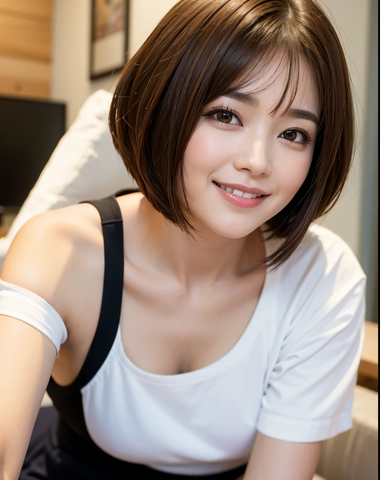 Bob hair short hair boyish hairstyle short hair smile brown hair