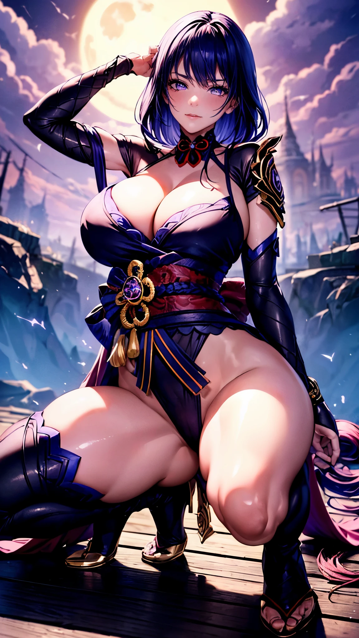 ((ultra realistic photo, 8k uhd, professional photo, full of details in clothes and face, eyes full of life, pink eye color, masterpiece, girl goddess of beauty)). Shogun Raider from Genshin Impact is a sexy woman with long flowing purple hair, pink energy glow at the ends of her hair, she wears highly detailed sexy lingerie, transparent panties, detailed kimono, she wears a jewel on the side of her head adorned with details gold and a jewel in the center. - She wears a purple and pink outfit with gold details, with ornate designs in gold. The upper part of the armor is tight to the body, highlighting her curves, her marked natural breasts, (she has long breasts, huge and perfect breasts emerging from her sexy and erotic cleavage, pointed BREASTS), ((transparent micro panties showing her pussy, perfect pussy, pubic hair, tight panties)), defined body, body with curves, big pert ass, pussy on display, Her arms are covered by armored gloves with similar designs in gold and attached to the arm by straps. - A piece of cloth flows from his waist, complementing the look of the armor. - ((Her face is very pretty, she has light pink eyes and a serious expression)). - In the background, there is a dramatic sky full of dark clouds and purple lightning lighting the scene. The full moon is visible between the clouds. poses, doing poses, sitting with legs open, squatting showing pussy, on all fours, heroic and flashy possessions. Noite