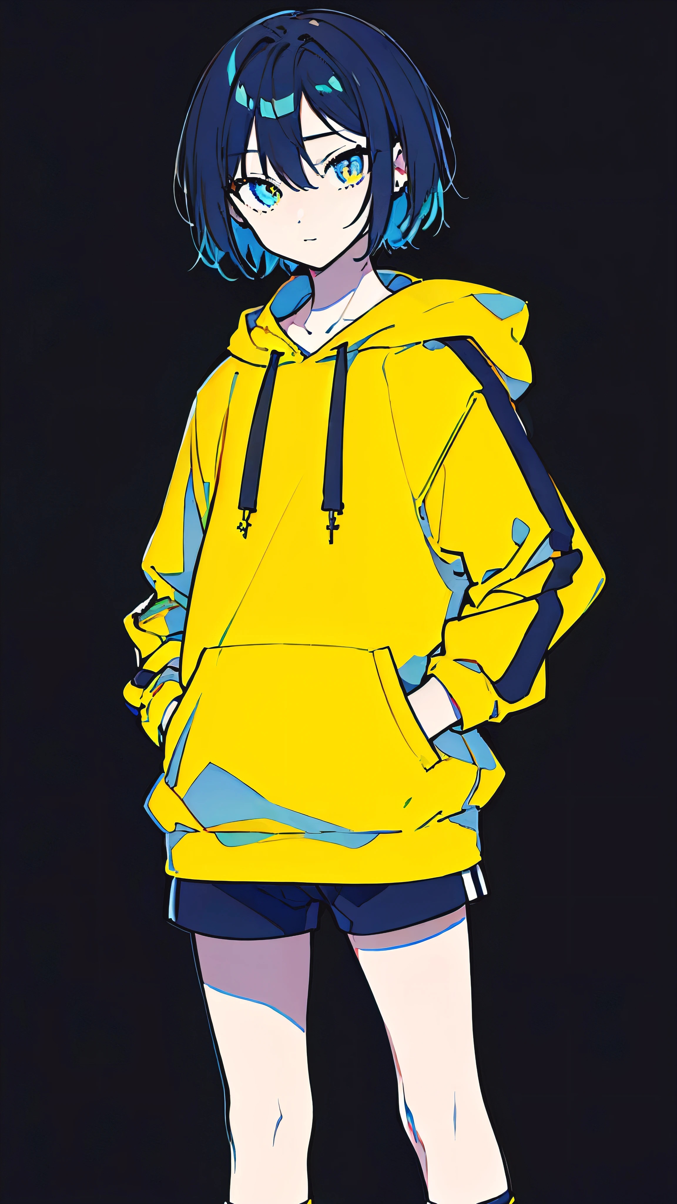 (masterpiece, highest quality:1.6), alone, thick outline, (simple background, Dark yellow background, monochrome, dark yellow theme:1.2), official art, Key Visual, 8K, confused, whole body, (Unique hair, oversized hoodie, hot pants, arch back, short torso:1.2), belly button, thighs, cowboy shot, HDR, sharp focus, High resolution, most detailed, very detailed, Super detailed, finely, detailed eyes and face, sharp pupils, realistic student, alone, contrast between yellow and light blue, alone, put one's hand in one's pocket