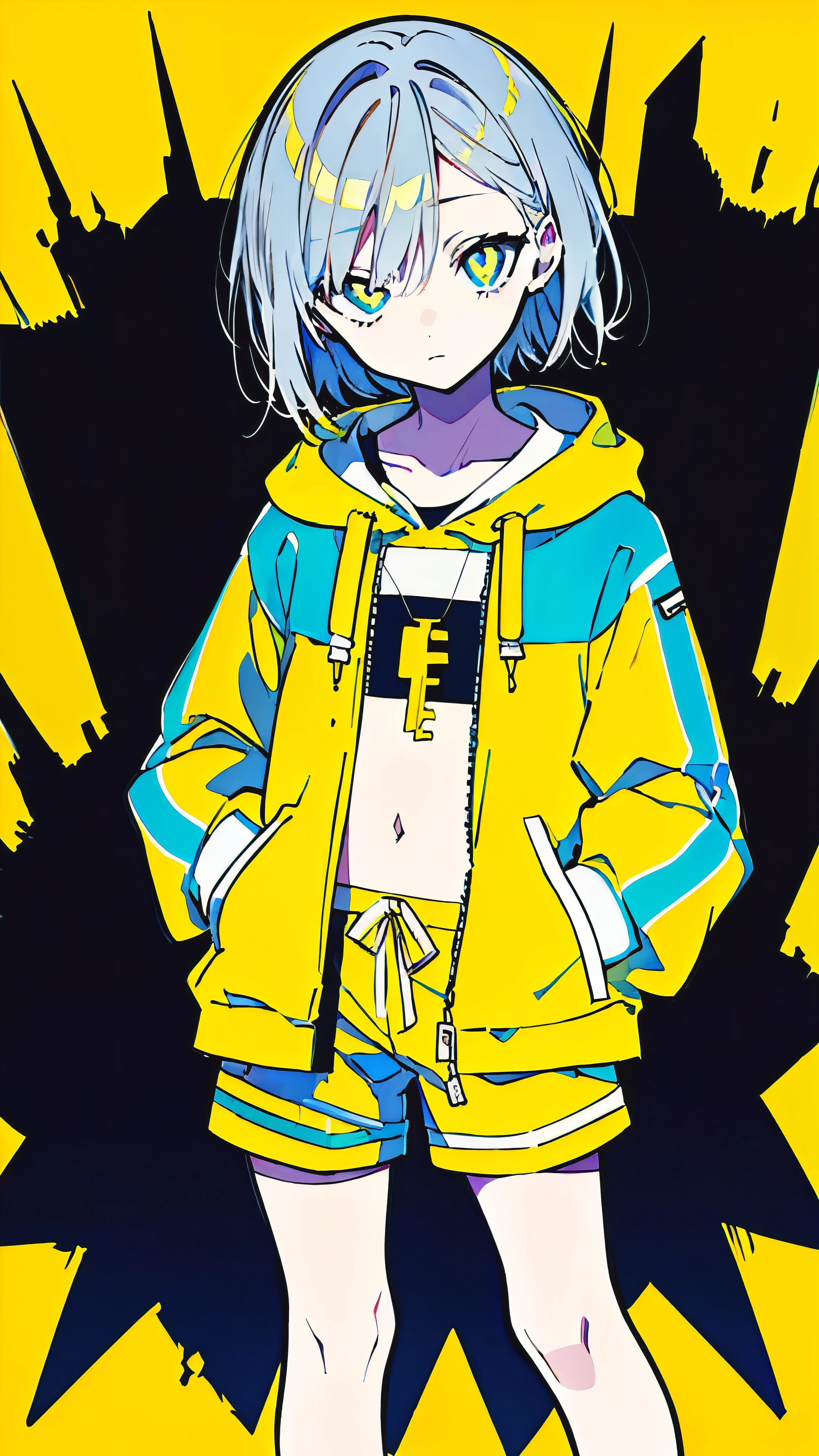 (masterpiece, highest quality:1.6), alone, thick outline, (simple background, Dark yellow background, monochrome, dark yellow theme:1.2), official art, Key Visual, 8K, confused, whole body, (Unique hair, oversized hoodie, hot pants, arch back, short torso:1.2), belly button, thighs, cowboy shot, HDR, sharp focus, High resolution, most detailed, very detailed, Super detailed, finely, detailed eyes and face, sharp pupils, realistic student, alone, contrast between yellow and light blue, alone, put one's hand in one's pocket