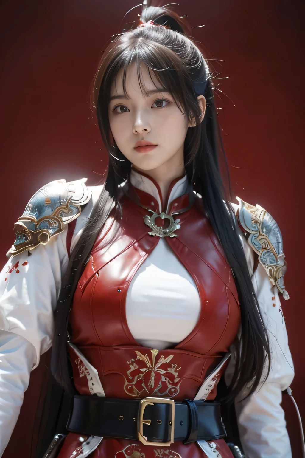 masterpiece,Best quality,A high resolution,8K,,((Head close-up)),Original photo,real photo,森林背景((野外背景)),digital photography,(汉代战场中的女将军),18-year-old girl,(long ponytail hairstyle),cparted lips,Noble and charming,Elegant and serious,(汉代铠甲,The combination of white metal and red leather,Openwork design,armure,Knight Armor,metallic luster,Leather buckle,Exquisite pattern,mysterious badge,Cool and gorgeouig breasts)),Chest groove,三国人物画风,Photo pose,oc render reflection texture,亮丽的色调,面对镜头,身体朝向镜头