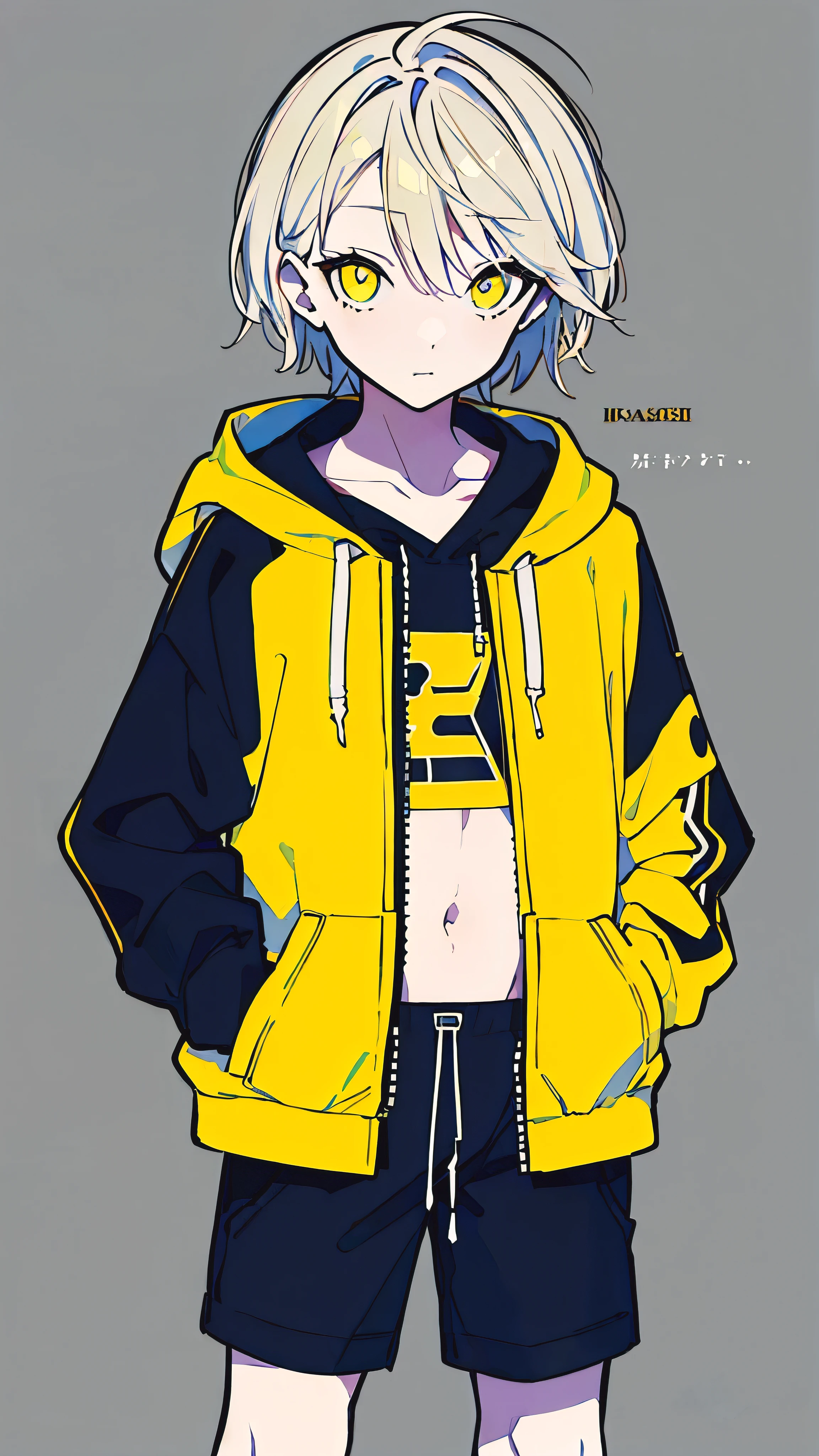 (masterpiece, highest quality:1.6), alone, thick outline, (simple background, Dark yellow background, monochrome, dark yellow theme:1.2), official art, Key Visual, 8K, confused, whole body, (Unique hair, oversized hoodie, hot pants, arch back, short torso:1.2), belly button, thighs, cowboy shot, HDR, sharp focus, High resolution, most detailed, very detailed, Super detailed, finely, detailed eyes and face, sharp pupils, realistic student, alone, contrast between yellow and light blue, alone, put one&#39;Hand in hand&#39;pocket of