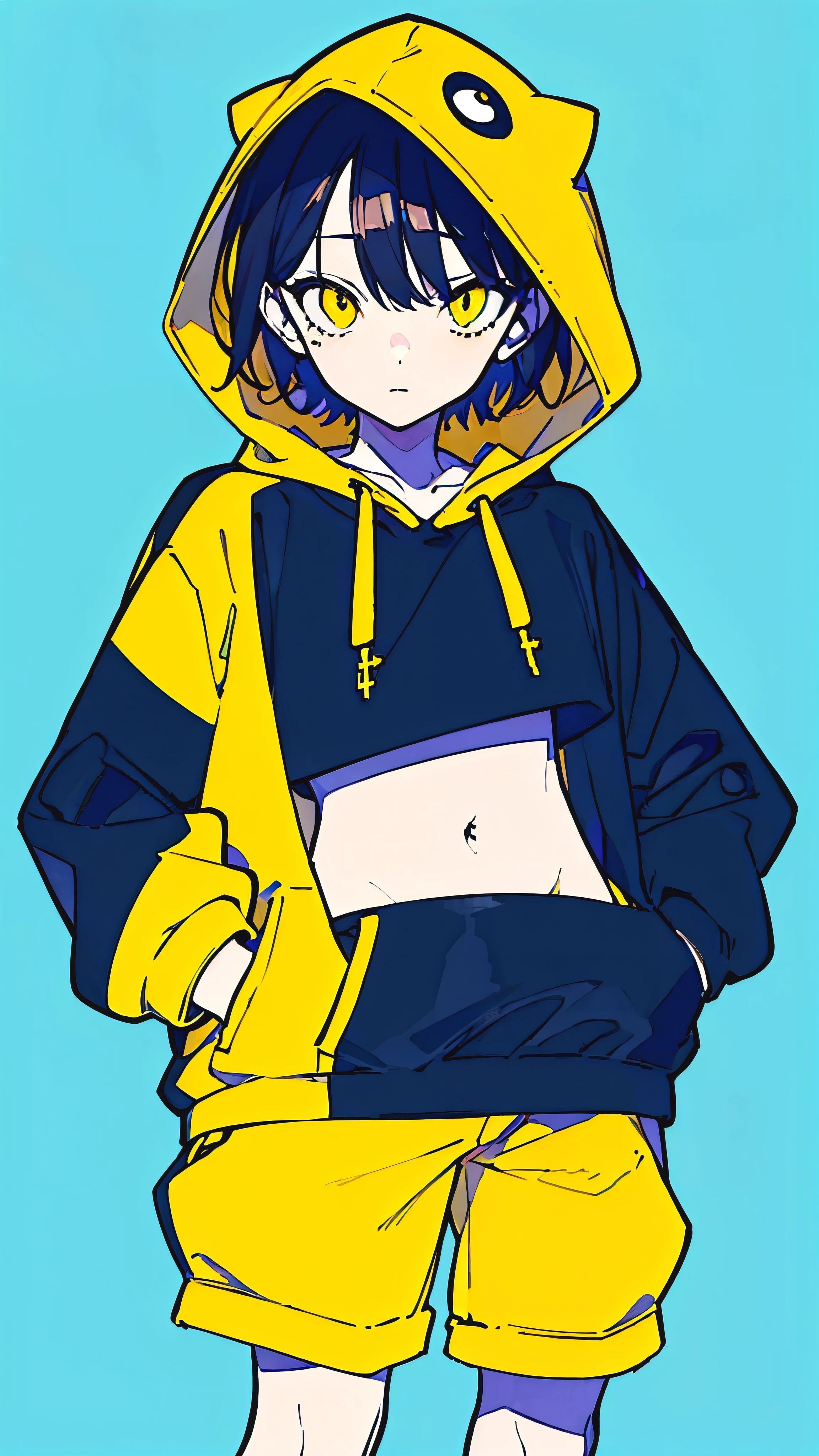 (masterpiece, highest quality:1.6), alone, thick outline, (simple background, Dark yellow background, monochrome, dark yellow theme:1.2), official art, Key Visual, 8K, confused, whole body, (Unique hair, oversized hoodie, hot pants, arch back, short torso:1.2), belly button, thighs, cowboy shot, HDR, sharp focus, High resolution, most detailed, very detailed, Super detailed, finely, detailed eyes and face, sharp pupils, realistic student, alone, contrast between yellow and light blue, alone, put one's hand in one's pocket