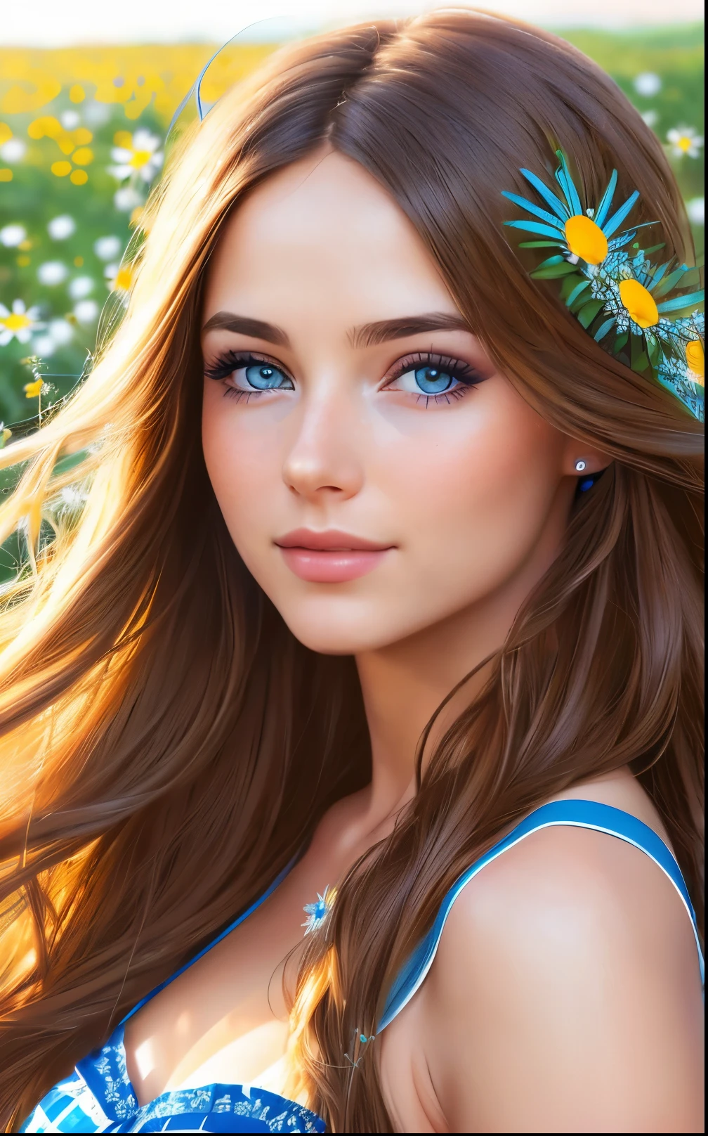 Landscape of woman, long brown hair, beautiful blue eyes, smiling pouty lips, standing in field blue daisies, wearing a sundress, a blue daisy in her hair, (8k, RAW photo, photo realistic: 1.25), (lots of eyelashes, best quality, ultra high resolution, depth of field, wide light, natural color, picture from distance (1:2), ana de armas, hair with many details, beautiful, small breasts, 8k artgerm bokeh, fanart best artstation, render photorealistic, inspired by WLOP, ig model | artgerm, deviantart artstation cgscosiety
