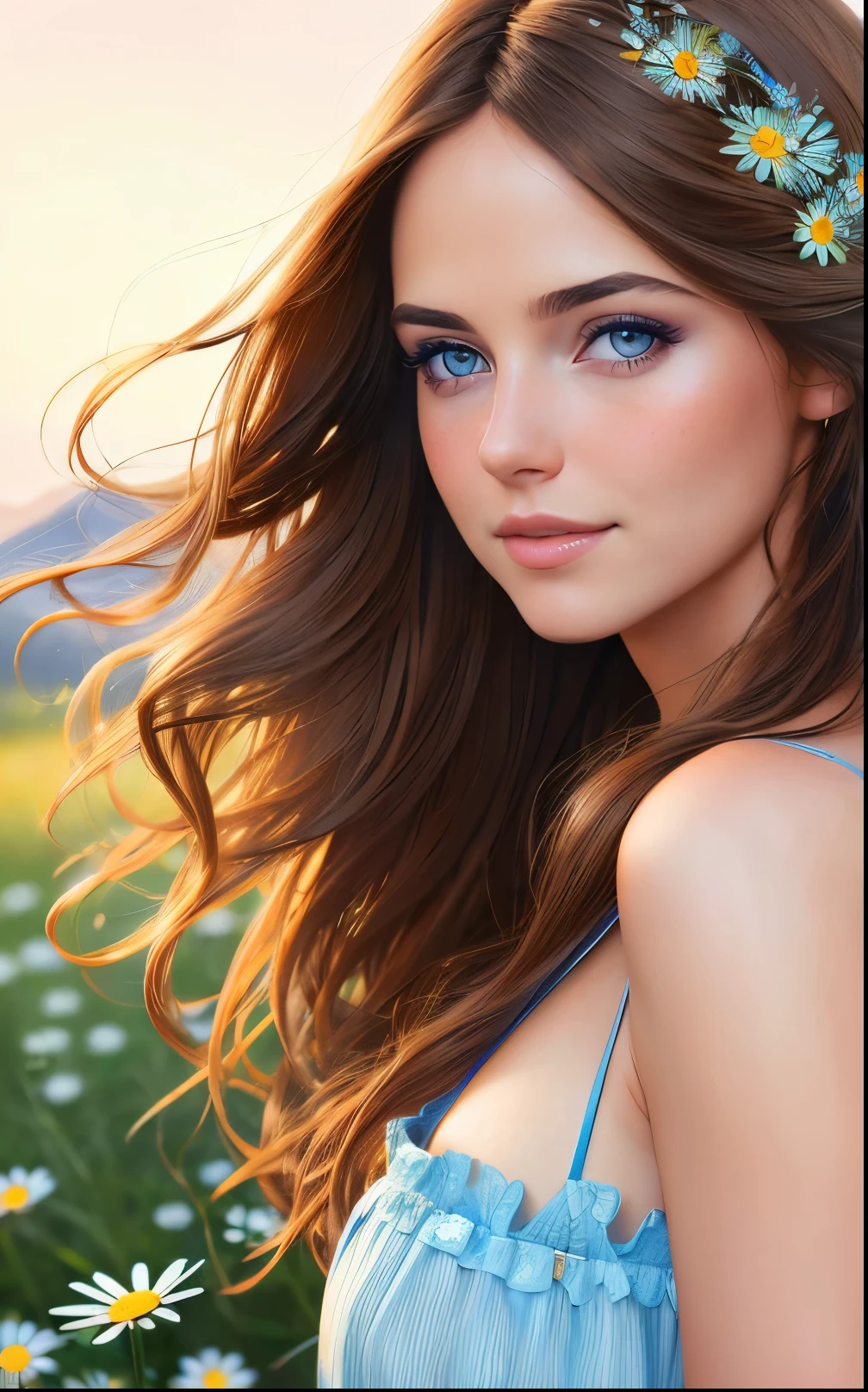 Landscape of woman, long brown hair, beautiful blue eyes, smiling pouty lips, standing in field blue daisies, wearing a sundress, a blue daisy in her hair, (8k, RAW photo, photo realistic: 1.25), (lots of eyelashes, best quality, ultra high resolution, depth of field, wide light, natural color, picture from distance (1:2), ana de armas, hair with many details, beautiful, small breasts, 8k artgerm bokeh, fanart best artstation, render photorealistic, inspired by WLOP, ig model | artgerm, deviantart artstation cgscosiety