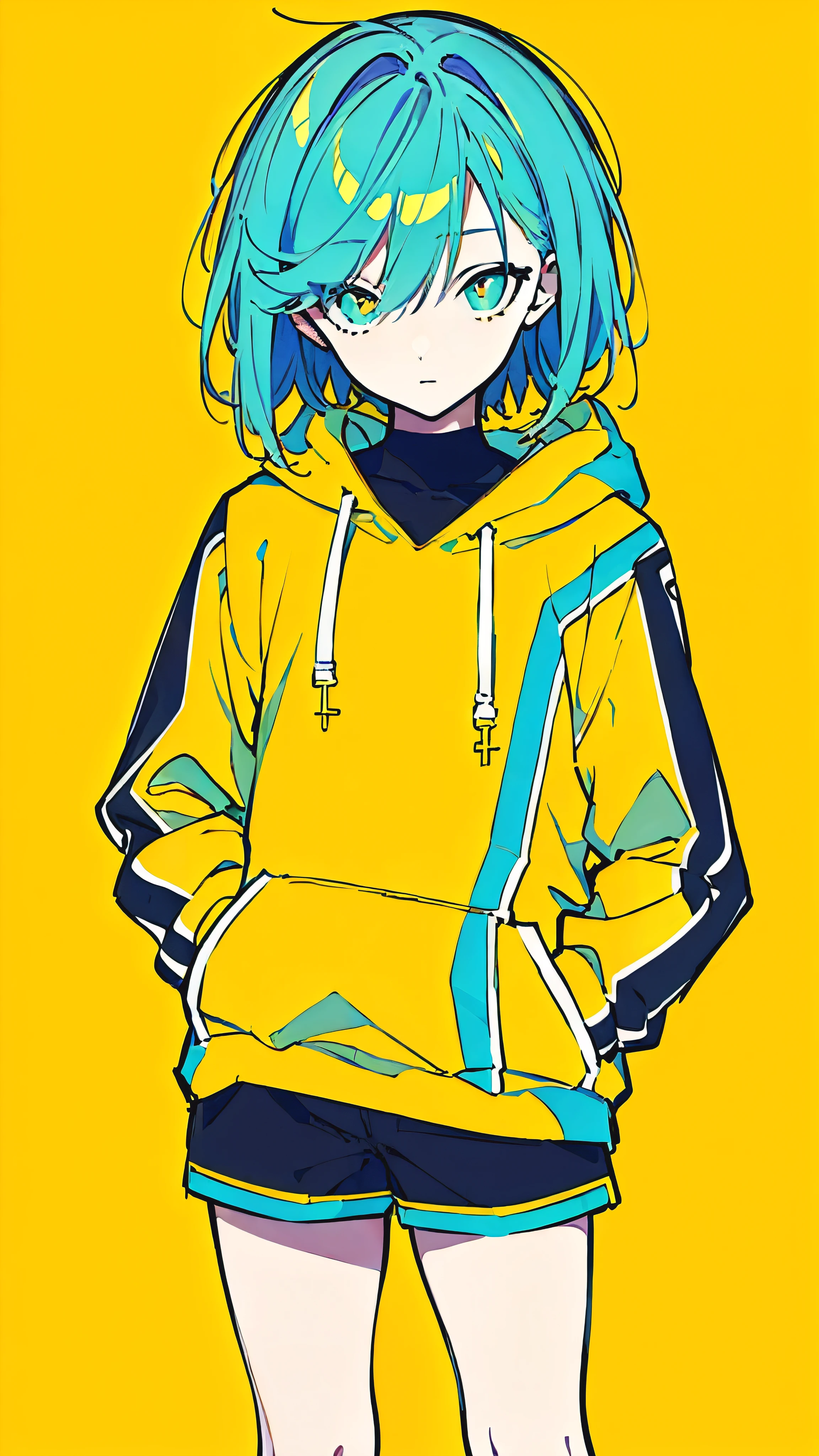 (masterpiece, highest quality:1.6), alone, thick outline, (simple background, Dark yellow background, monochrome, dark yellow theme:1.2), official art, Key Visual, 8K, confused, whole body, (Unique hair, oversized hoodie, hot pants, arch back, short torso:1.2), belly button, thighs, cowboy shot, HDR, sharp focus, High resolution, most detailed, very detailed, Super detailed, finely, detailed eyes and face, sharp pupils, realistic student, alone, contrast between yellow and light blue, alone, put one&#39;s hand in one&#39;s pocket