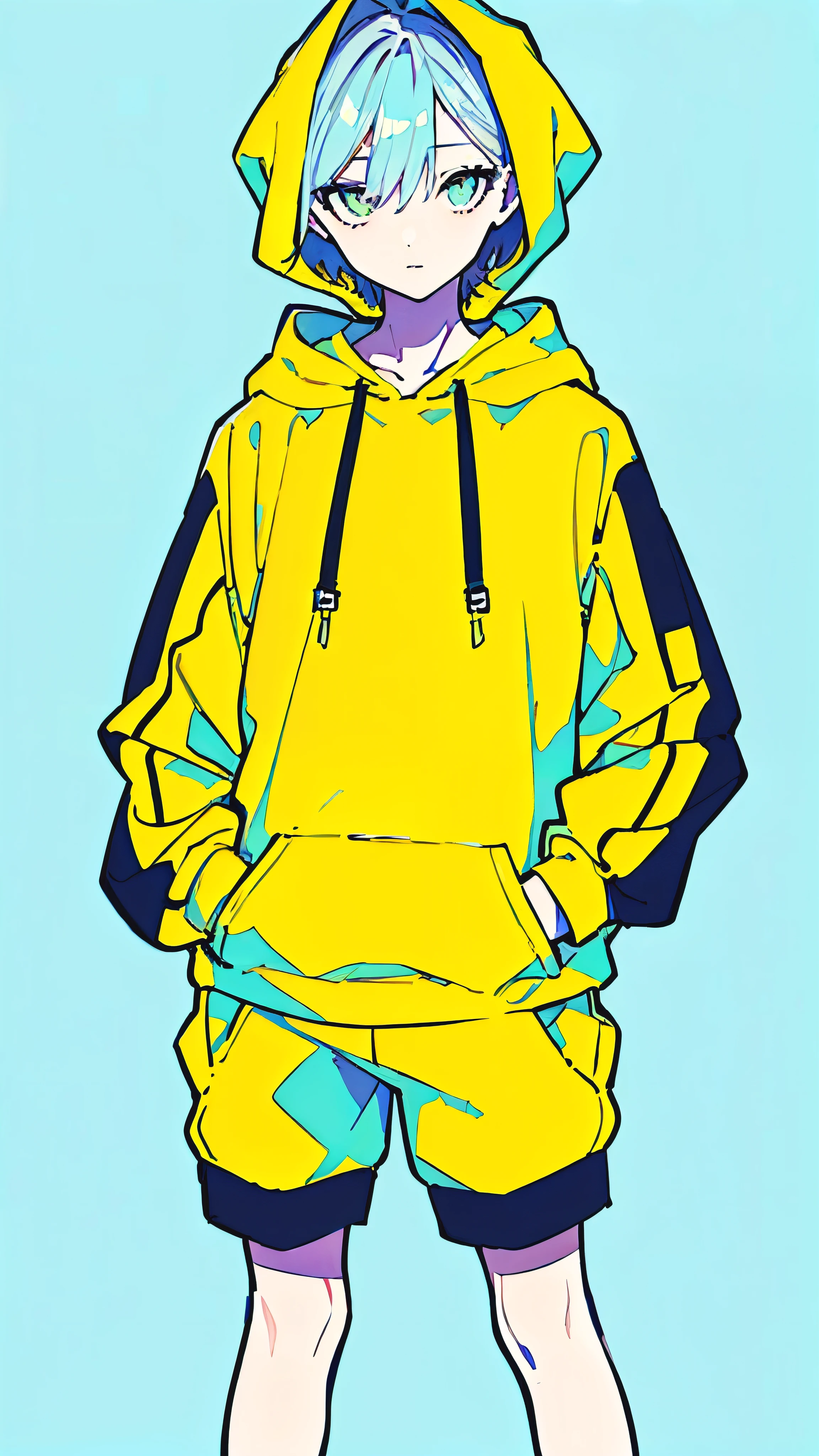 (masterpiece, highest quality:1.6), alone, thick outline, (simple background, Dark yellow background, monochrome, dark yellow theme:1.2), official art, Key Visual, 8K, confused, whole body, (Unique hair, oversized hoodie, hot pants, arch back, short torso:1.2), belly button, thighs, cowboy shot, HDR, sharp focus, High resolution, most detailed, very detailed, Super detailed, finely, detailed eyes and face, sharp pupils, realistic student, alone, contrast between yellow and light blue, alone, put one's hand in one's pocket