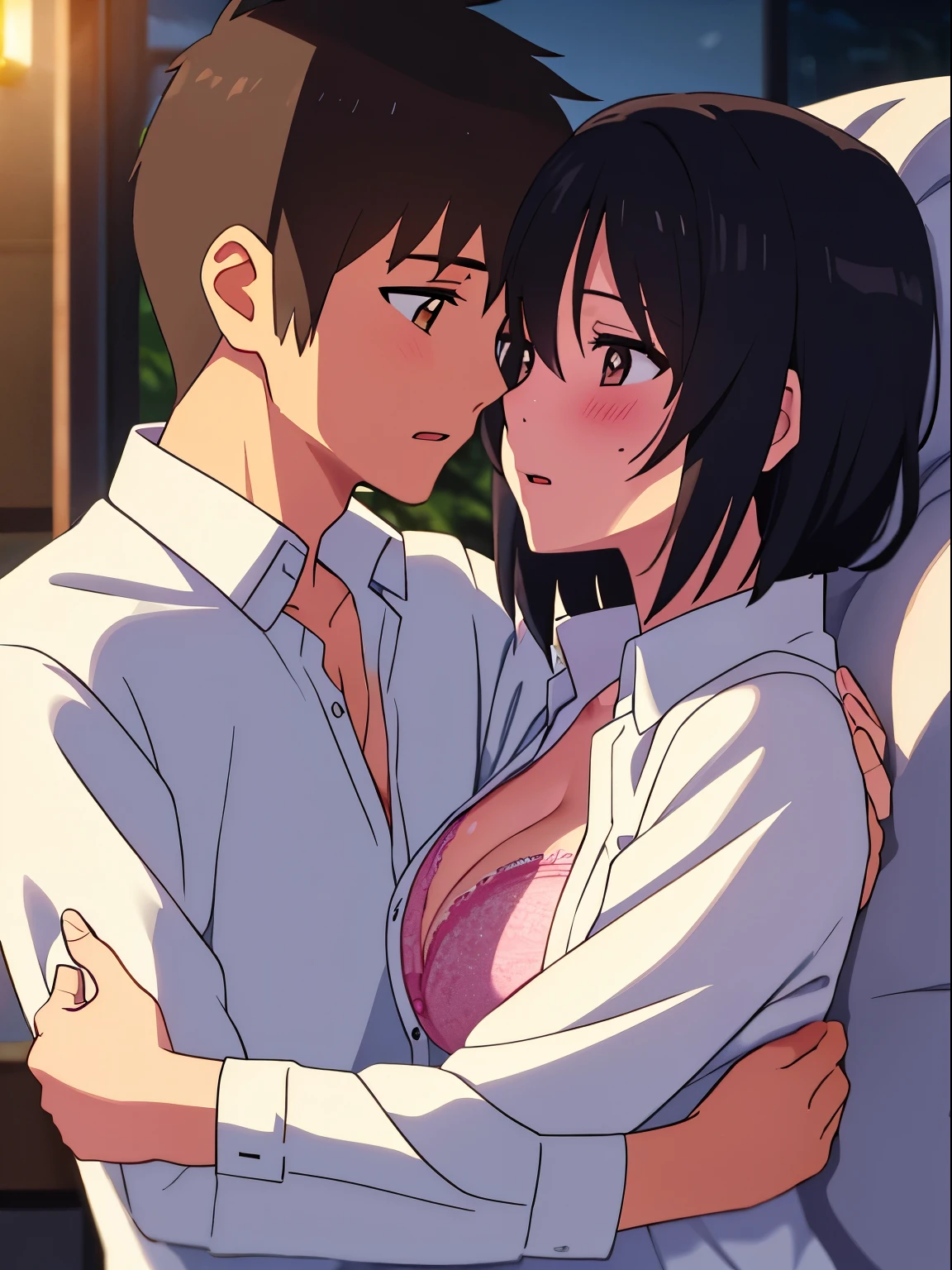 1boy, buzzcut, school uniform, face to face, cheek kissing, hug, 1girl, mitsuha miyamizu, open mouth, black hair, short hair, blush, brown eyes, collared shirt, white long sleeve, unbuttoned shirt, open shirt, light pink bra, cleavage, medium breast, indoors, night, passionate hug, lie on bed