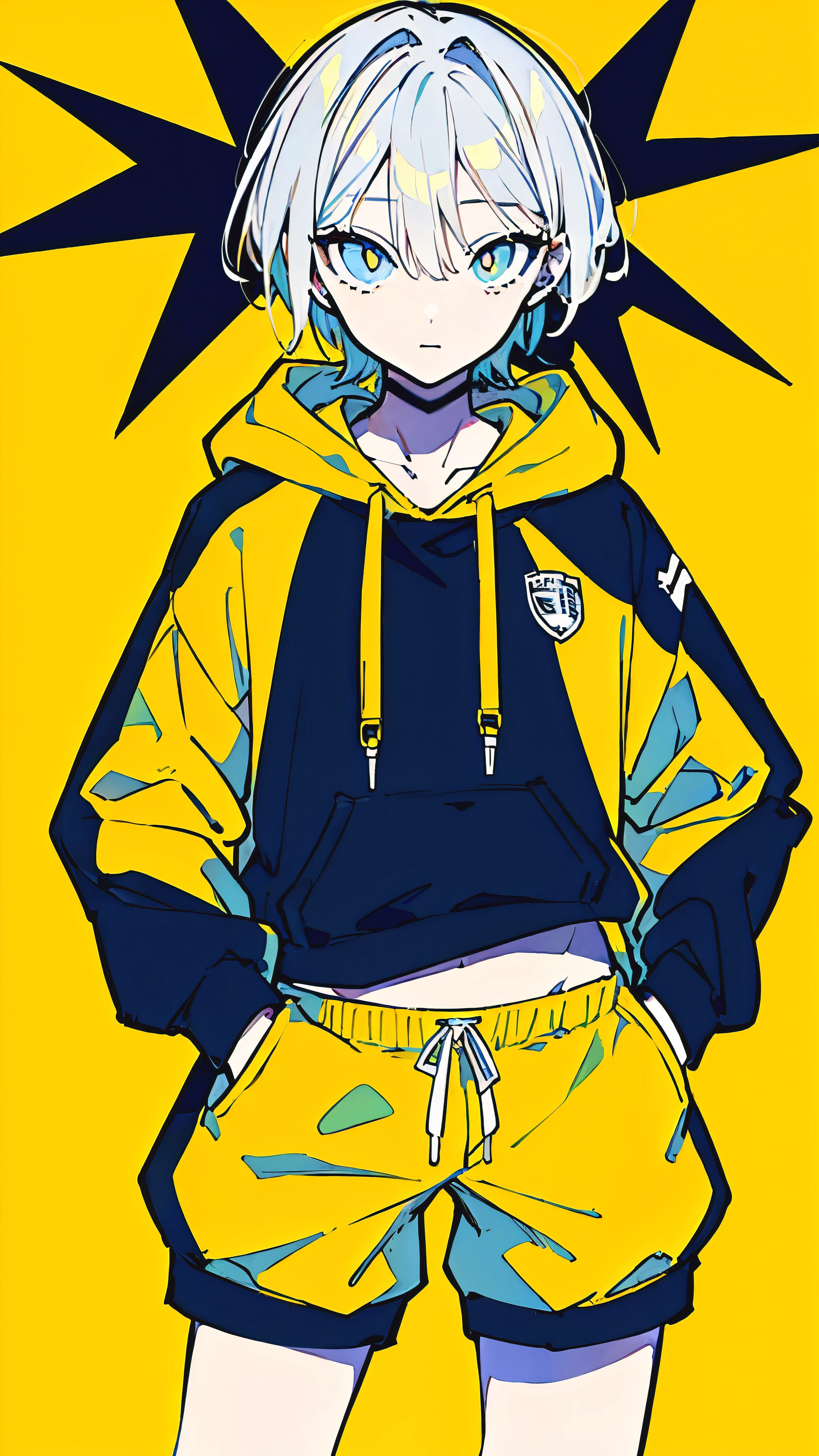 (masterpiece, highest quality:1.6), alone, thick outline, (simple background, Dark yellow background, monochrome, dark yellow theme:1.2), official art, Key Visual, 8K, confused, whole body, (Unique hair, oversized hoodie, hot pants, arch back, short torso:1.2), belly button, thighs, cowboy shot, HDR, sharp focus, High resolution, most detailed, very detailed, Super detailed, finely, detailed eyes and face, sharp pupils, realistic student, alone, yellow contrast, light blue and white, alone, put one&#39;s hand in one&#39;s pocket