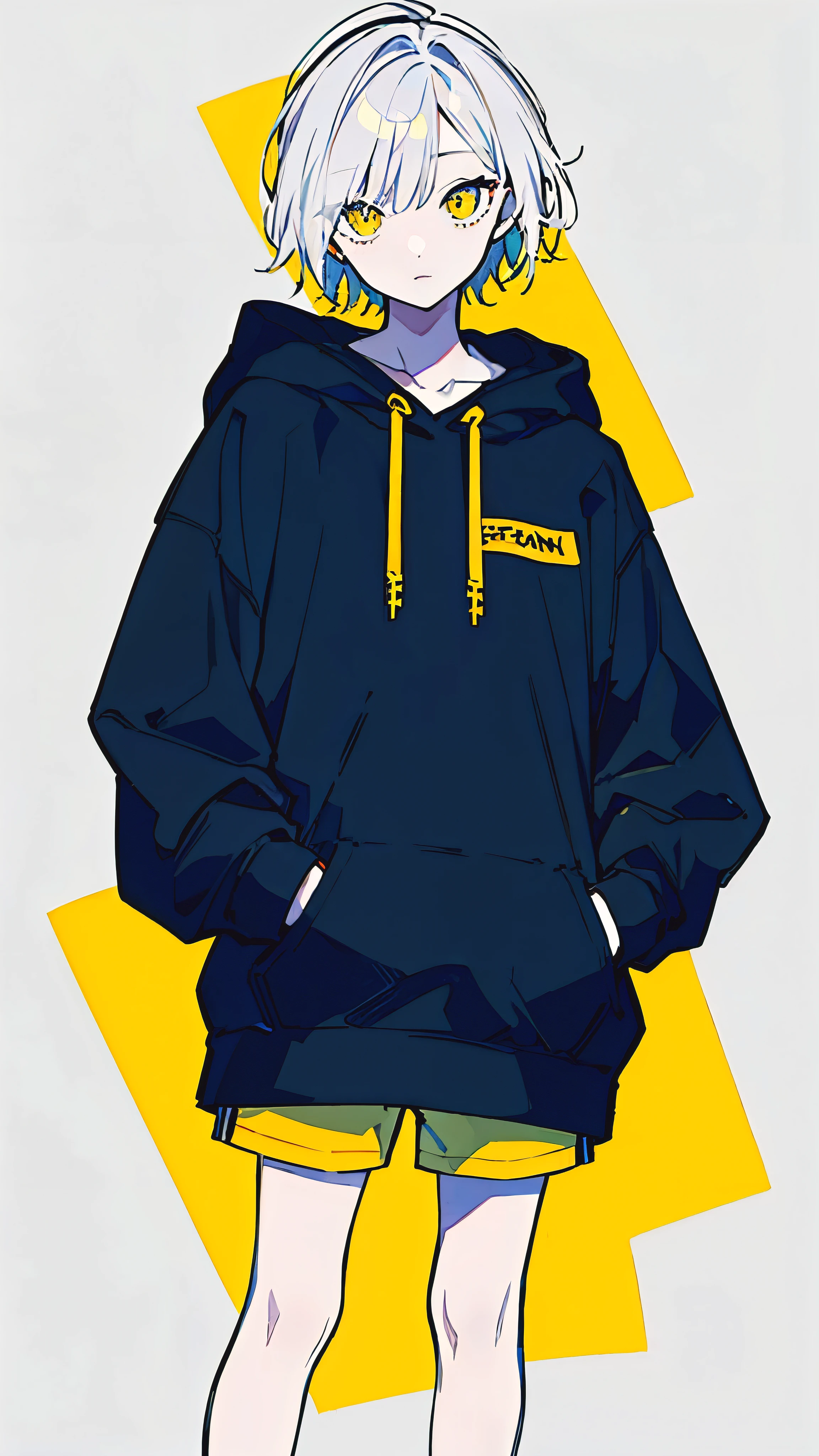(masterpiece, highest quality:1.6), alone, thick outline, (simple background, Dark yellow background, monochrome, dark yellow theme:1.2), official art, Key Visual, 8K, confused, whole body, (Unique hair, oversized hoodie, hot pants, arch back, short torso:1.2), belly button, thighs, cowboy shot, HDR, sharp focus, High resolution, most detailed, very detailed, Super detailed, finely, detailed eyes and face, sharp pupils, realistic student, alone, yellow contrast, light blue and white, alone, put one&#39;s hand in one&#39;s pocket