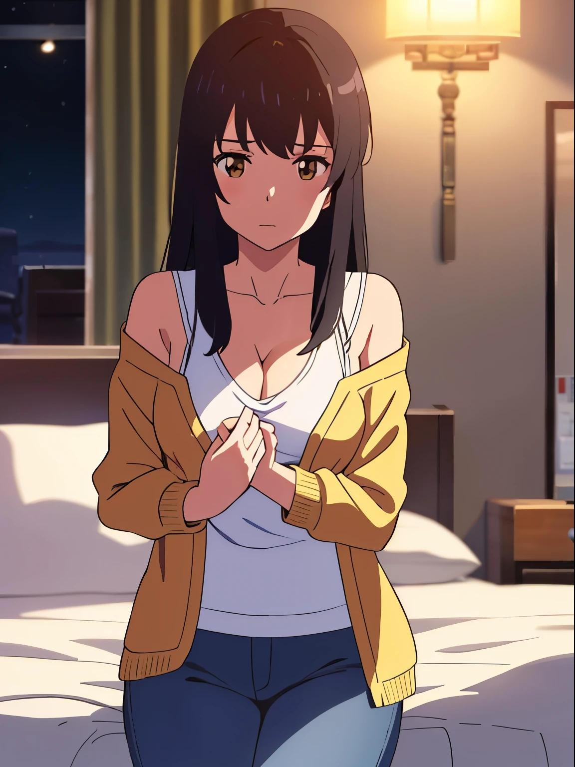 shinkai makoto, kimi no na wa., 1boy, buzzcut, office suit, passionate hug, boy is hugging from behind, chestgrope from behind, boy is touchig girl's chest, hold chest,boy bitting girl's shoulders 1girl, bangs, black hair, brown eyes, Twisted Half Up Hair, red ribbon, long hair, yellow cardigan,off shoulder cardigan, open shirt, white tank top shirt, cleavage, breast, medium breast,chestgrope from behind, blue pants, bedroom, lamp, night, indoors, sit on bed, masterpiece, perfect anatomy, cowboyshot