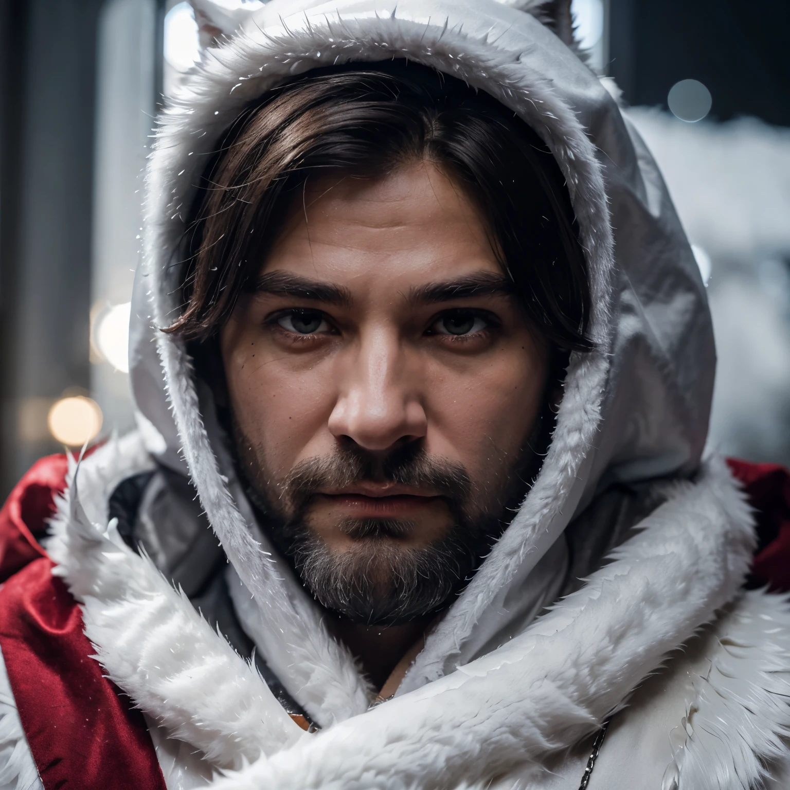 eyesgod, black eye, Eyes, furry, light-white fur, blue fur, white beard, anthro (wolf), male, middle-aged, gray body, white belly, muscular, knight costume, long red cherry cloak, ultra detailed face, (detailed eyes), (close up:1), (background is wide view of war:0.5), light particles, motion blur, depth of field, (best quality), (masterpiece), high details, high quality, award winning, highres, HD, 16k
