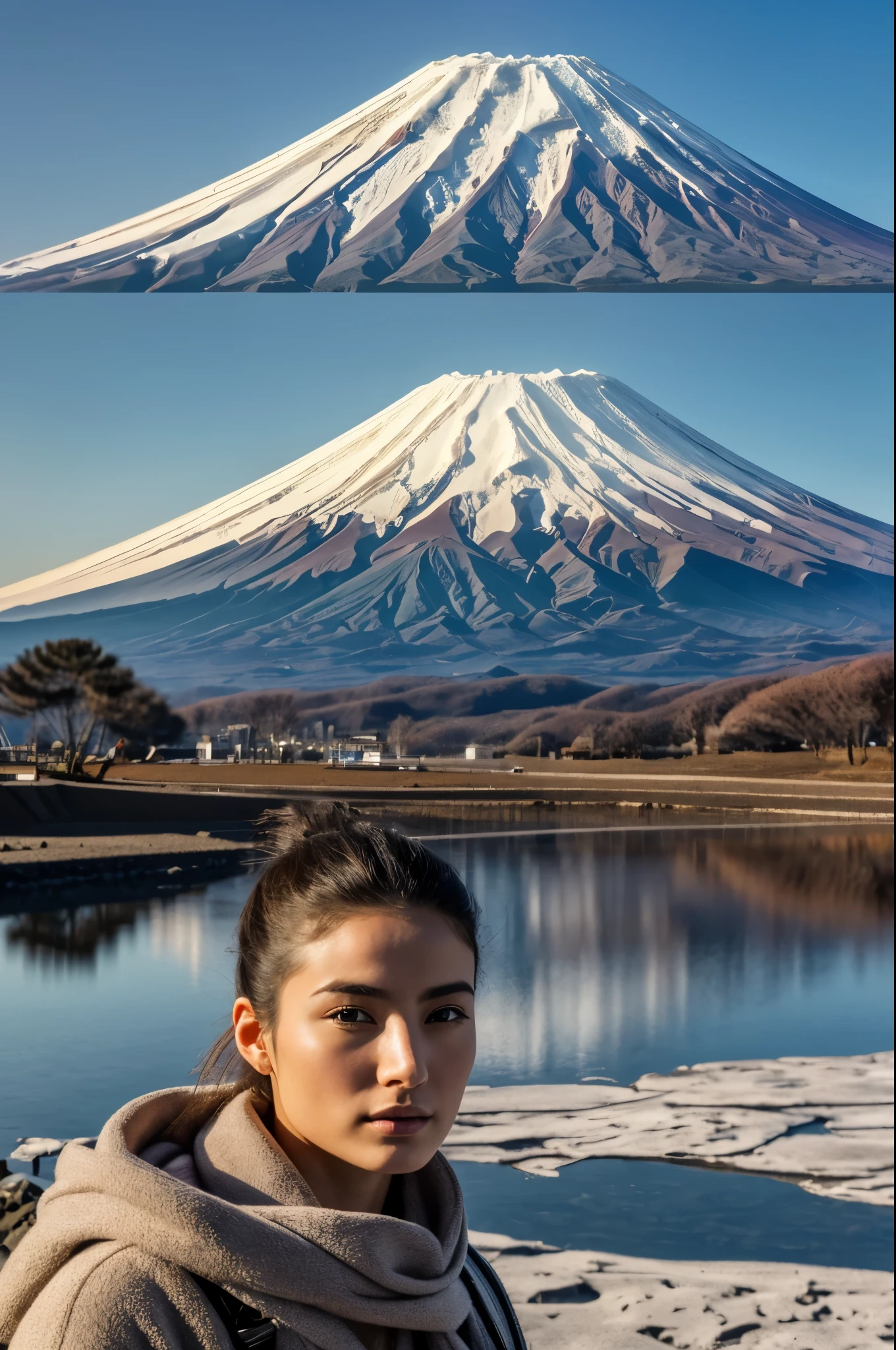 masterpiece, best quality, photorealistic, ((distant view)), a beautiful Italian model, 26yo, ((the mt. fuji)), extremely detailed background, morning, in winter, very detailed face