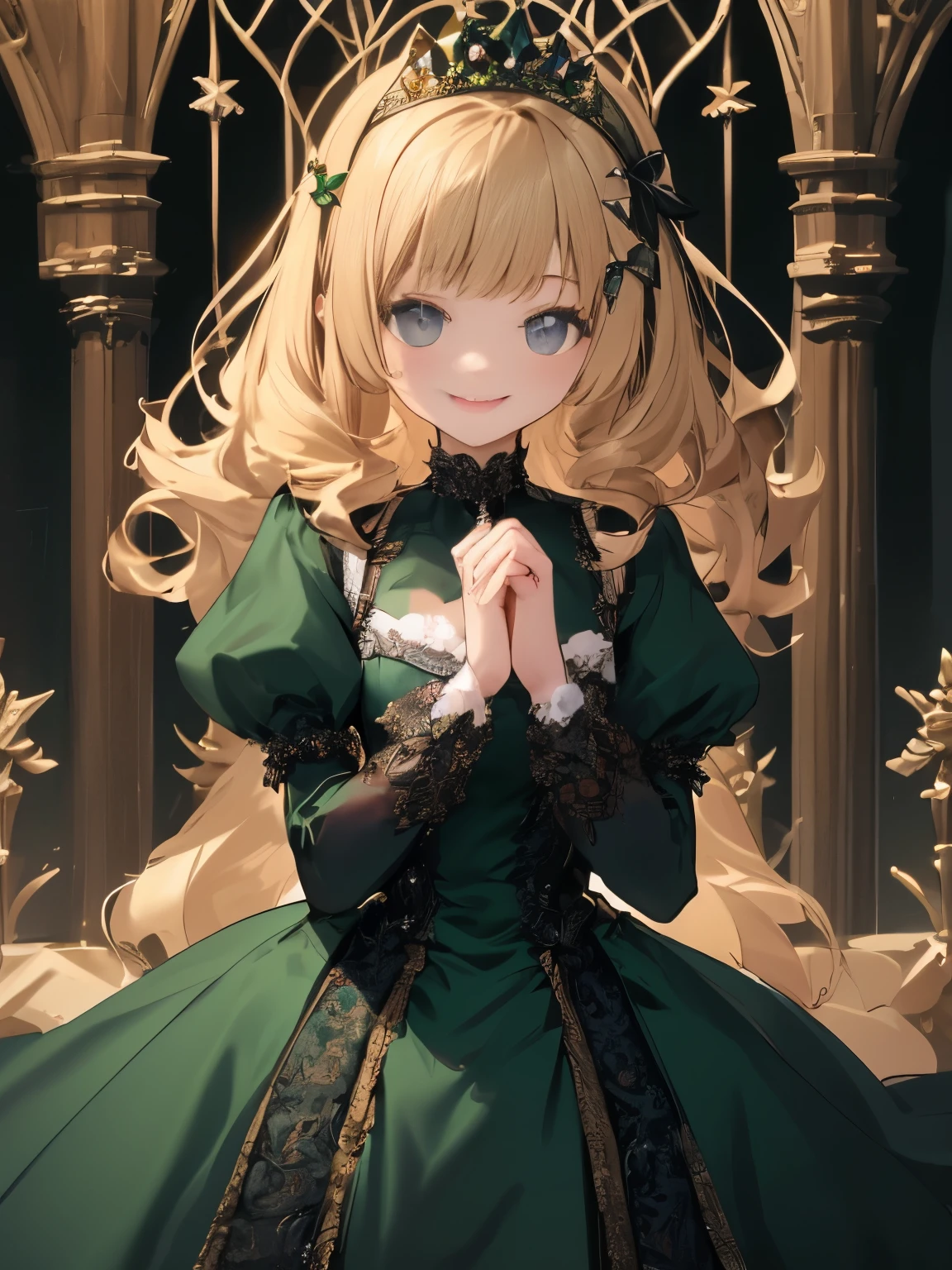 prompt: 8K resolution, delicate features, , single, mature woman, smile, blonde,long curly hair, princess cut, Small hair ornament, brooch, shiny dark green dress, gothic style, Folded hands, Please look into the camera