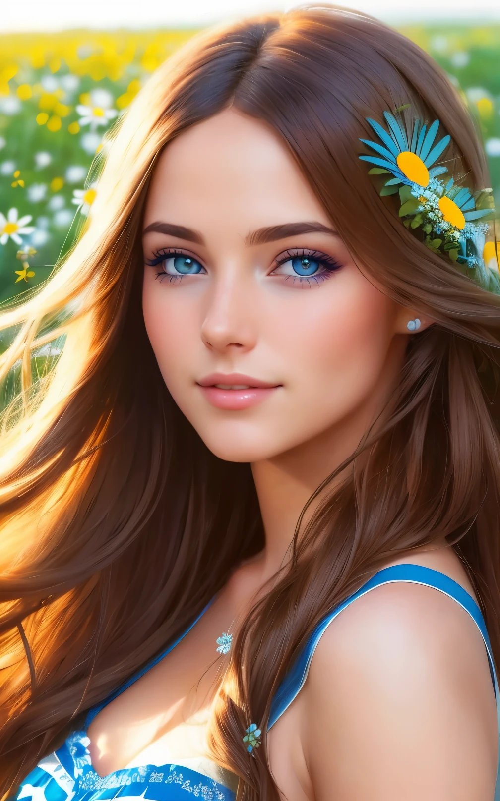 Landscape of woman, long brown hair, beautiful blue eyes, smiling pouty lips, standing in field blue daisies, wearing a sundress, a blue daisy in her hair, (8k, RAW photo, photo realistic: 1.25), (lots of eyelashes, best quality, ultra high resolution, depth of field, wide light, natural color, picture from distance (1:2), ana de armas, hair with many details, beautiful, small breasts, 8k artgerm bokeh, fanart best artstation, render photorealistic, inspired by WLOP, ig model | artgerm, deviantart artstation cgscosiety