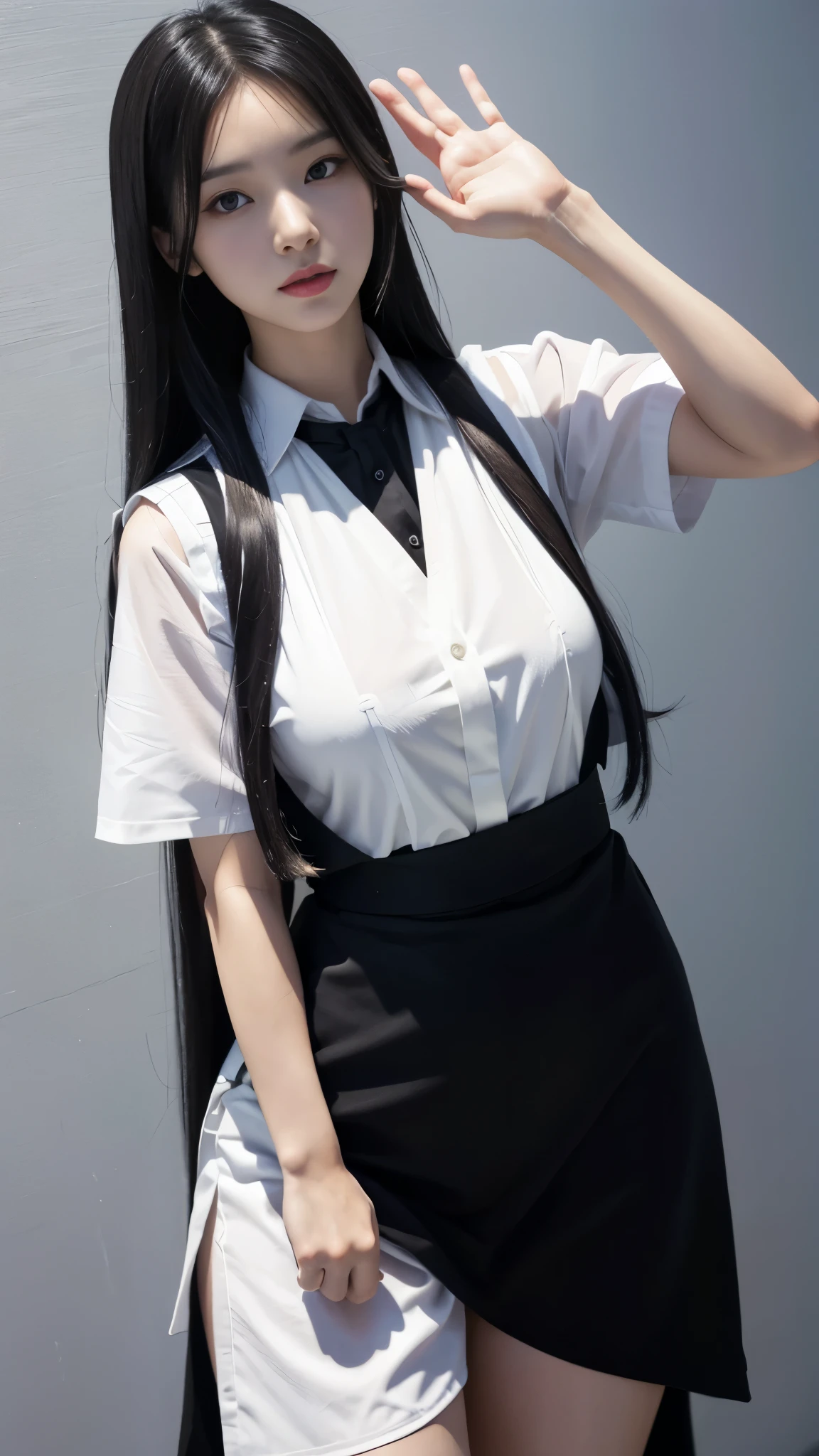 A picture of long black hair、Drawing of woman in white shirt, side breasts, Heavy gesture style closeup, Flat anime style shadow, full body illustration, Extra details, Clean and detailed anime style, Wear a white vest, wearing a vest, Thick border line 