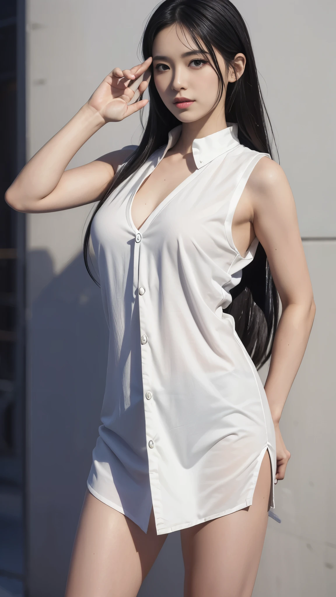 A picture of long black hair、Drawing of woman in white shirt, side breasts, Heavy gesture style closeup, Flat anime style shadow, full body illustration, Extra details, Clean and detailed anime style, Wear a white vest, wearing a vest, Thick border line 