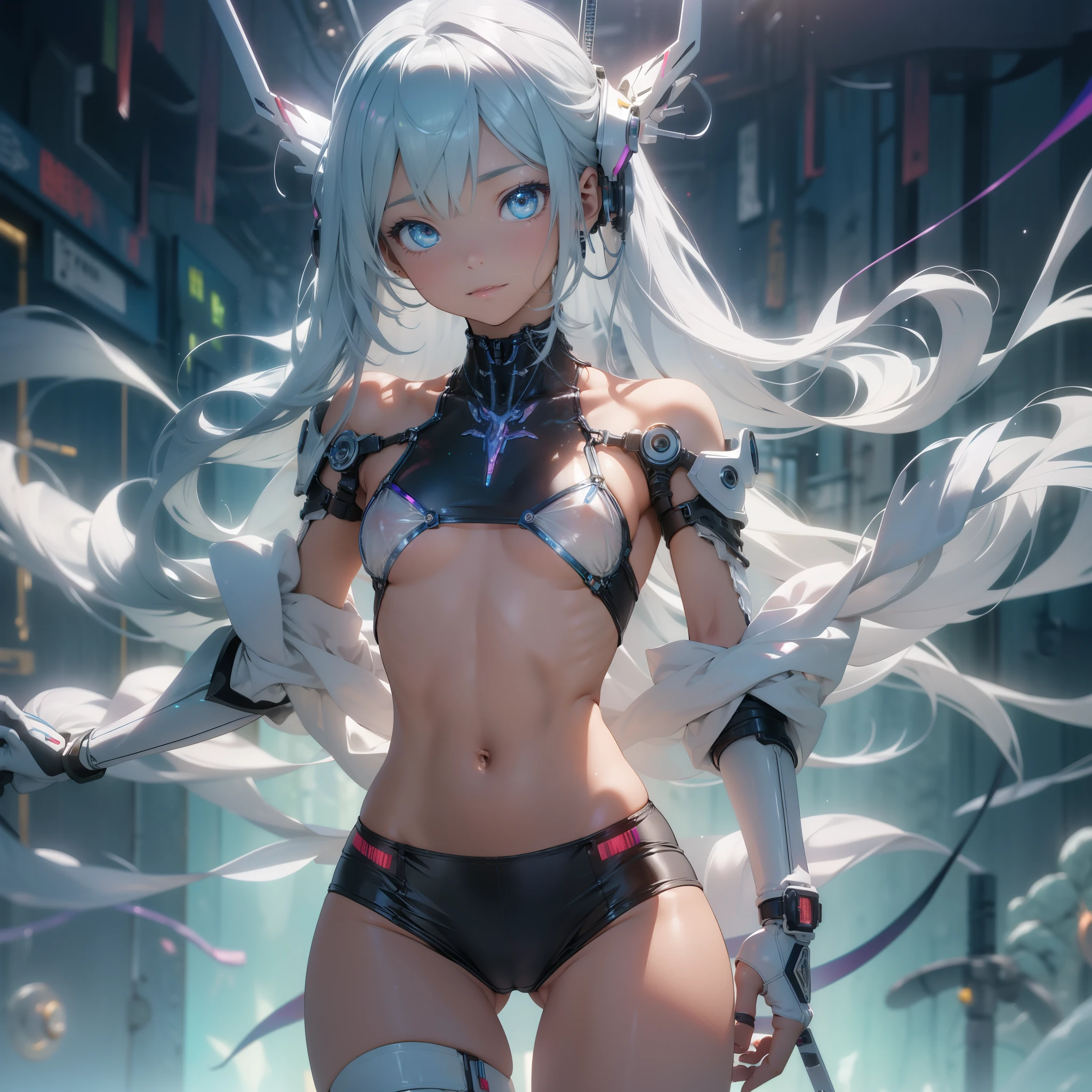 (quality)), ((masterpiece)), Recommended results、Puffy nipples、(see through:1.5)、straighten your back、abdominal muscles、huge bust、angle to floor:1.2、low camera angle、Hair loss on crotch，Hatsune Miku，super detailed)), (Very detailed的CG插画), ((extremely delicate and beautiful)),(1 white transparent mechanical girl)),alone,whole body,(Machine made joints:1.2),((mechanical limbs)),(Flashing blood vessel points connected to tubes),(Mechanical vertebrae attached to the back，with flowing glitter.),((Flowing rainbow fixed around neck)),perfect round face,(wires and cables attaching to neck:1.2),(Rainbow wires and cables on the head:1.2)(Character focus),,Very detailed,colorful,most detailed，white ceramic skin，