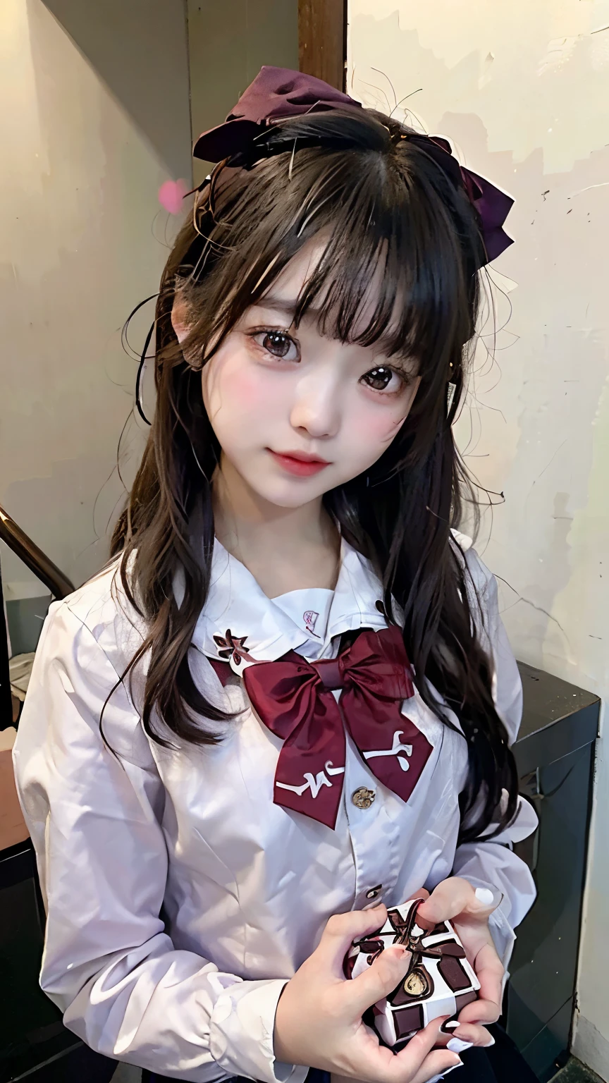 (masterpiece),(superfine),(superfine),(1girl, kawaii:1.3), viewer to see,  looking up at us with a box of gifts, (box of gifts:1.2), chocolate,
wearing her high school uniform, 