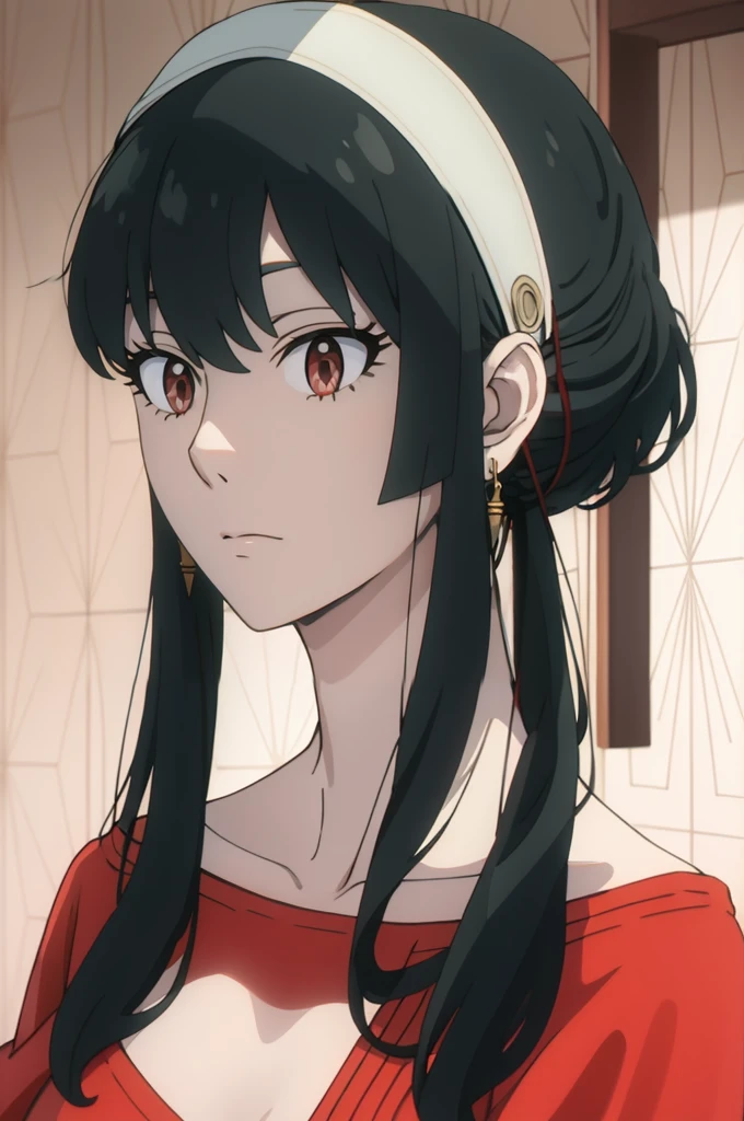 { - anatomy error} (Masterpiece, Best Quality) (masterpiece:1.4),(best quality:1.4) best quality, masterpiece, highres, solo, {yor_briar_spyxfamily:1.15}, black_hair, hairband, red eyes, sidelocks, white_hairband, jewelry, earrings, bangs, long_hair, 1girl, collarbone, closed_mouth, red_sweater, sweater,
