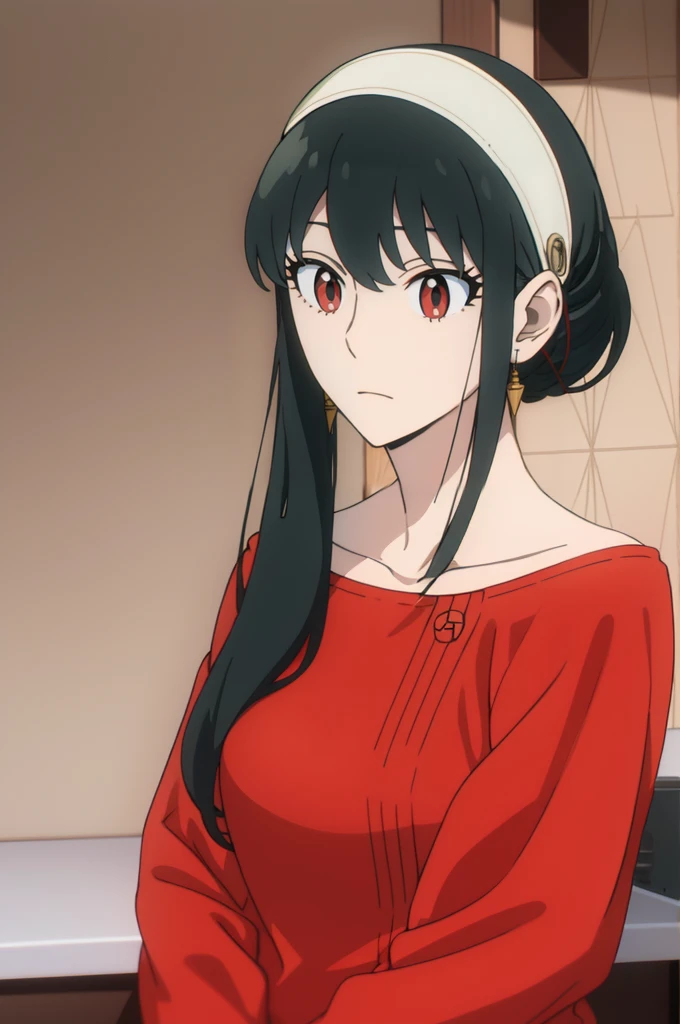 { - anatomy error} (Masterpiece, Best Quality) (masterpiece:1.4),(best quality:1.4) best quality, masterpiece, highres, solo, {yor_briar_spyxfamily:1.15}, black_hair, hairband, red eyes, sidelocks, white_hairband, jewelry, earrings, bangs, long_hair, 1girl, collarbone, closed_mouth, red_sweater, sweater,
