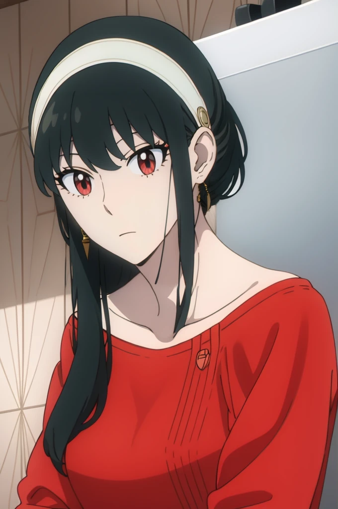 { - anatomy error} (Masterpiece, Best Quality) (masterpiece:1.4),(best quality:1.4) best quality, masterpiece, highres, solo, {yor_briar_spyxfamily:1.15}, black_hair, hairband, red eyes, sidelocks, white_hairband, jewelry, earrings, bangs, long_hair, 1girl, collarbone, closed_mouth, red_sweater, sweater,
