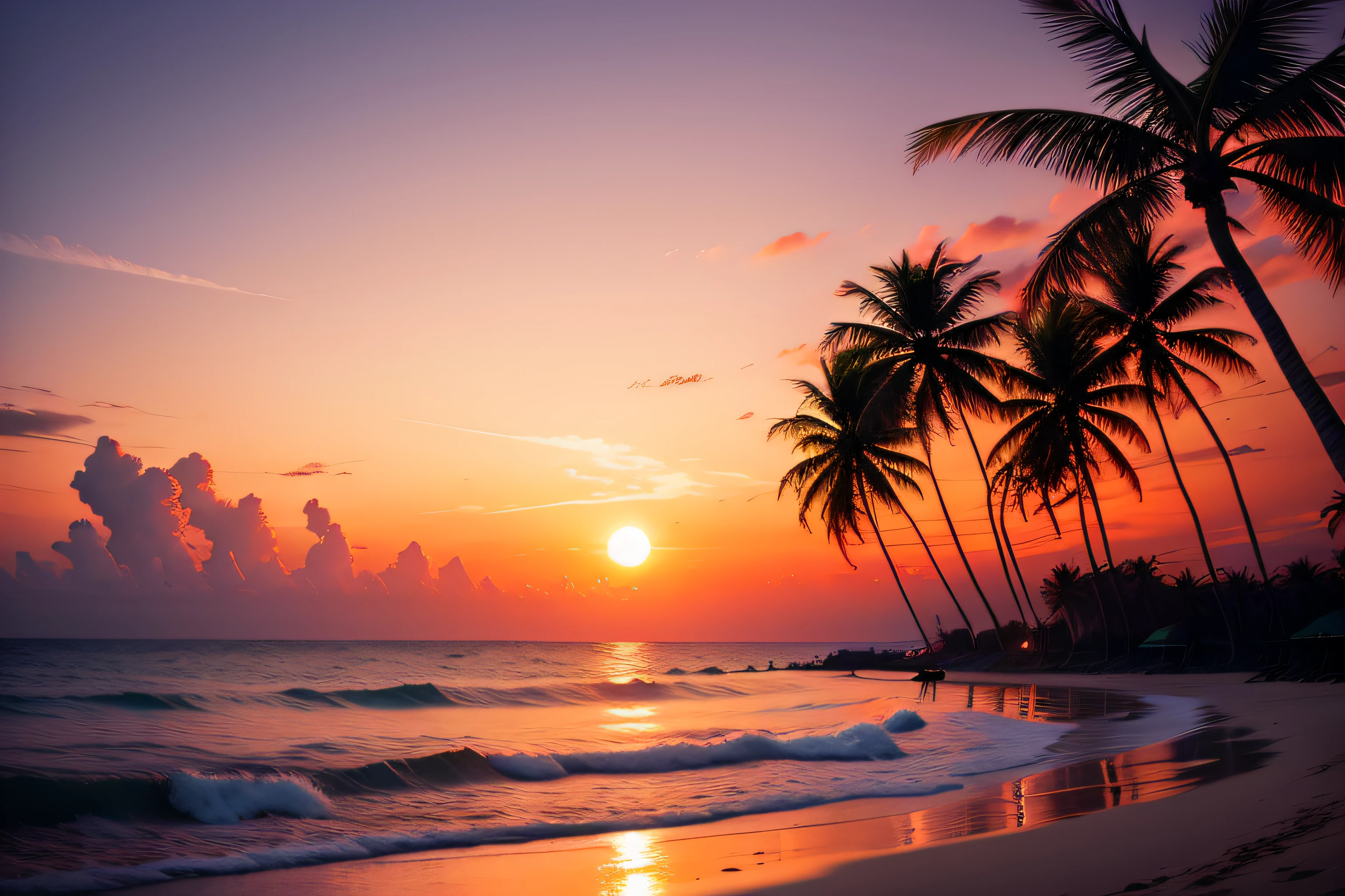 beach coconut tree white sand sunset、See the best quality of red light