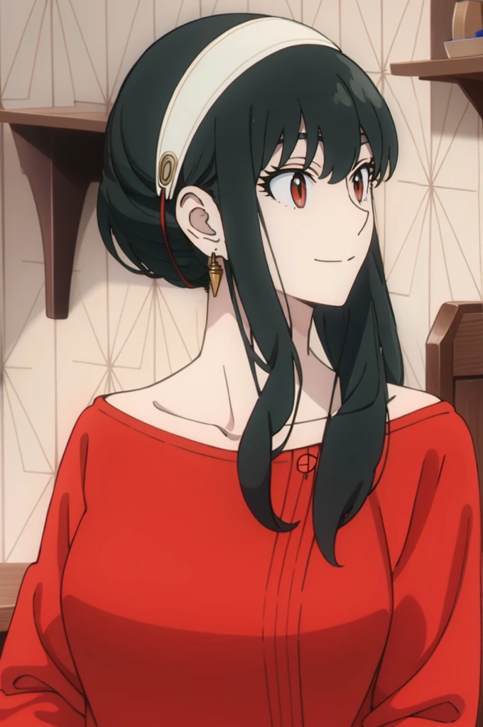 { - anatomy error} (Masterpiece, Best Quality) (masterpiece:1.4),(best quality:1.4) best quality, masterpiece, highres, solo, {yor_briar_spyxfamily:1.15}, black_hair, hairband, red eyes, sidelocks, white_hairband, jewelry, earrings, bangs, long_hair, 1girl, collarbone, closed_mouth, red_sweater, sweater,

