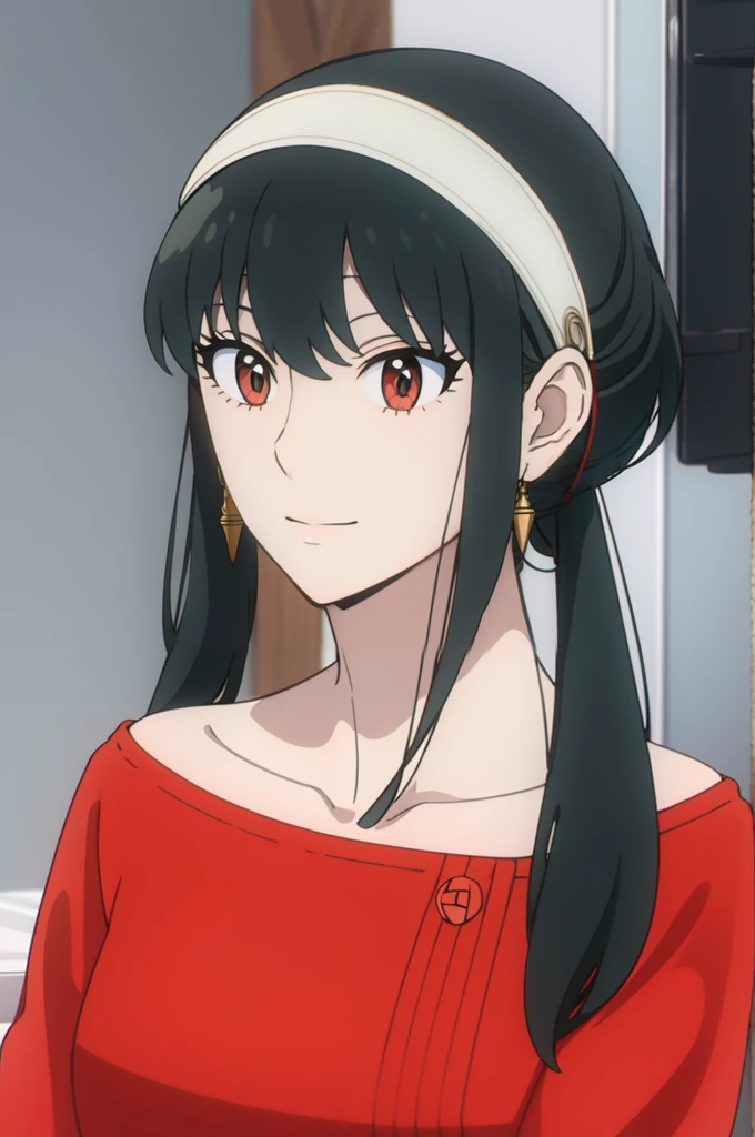 { - anatomy error} (Masterpiece, Best Quality) (masterpiece:1.4),(best quality:1.4) best quality, masterpiece, highres, solo, {yor_briar_spyxfamily:1.15}, black_hair, hairband, red eyes, sidelocks, white_hairband, jewelry, earrings, bangs, long_hair, 1girl, collarbone, closed_mouth, red_sweater, sweater,
