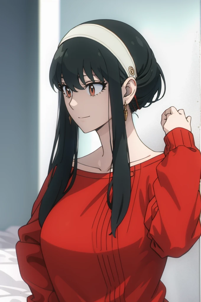 { - anatomy error} (Masterpiece, Best Quality) (masterpiece:1.4),(best quality:1.4) best quality, masterpiece, highres, solo, {yor_briar_spyxfamily:1.15}, black_hair, hairband, red eyes, sidelocks, white_hairband, jewelry, earrings, bangs, long_hair, 1girl, collarbone, closed_mouth, red_sweater, sweater,
