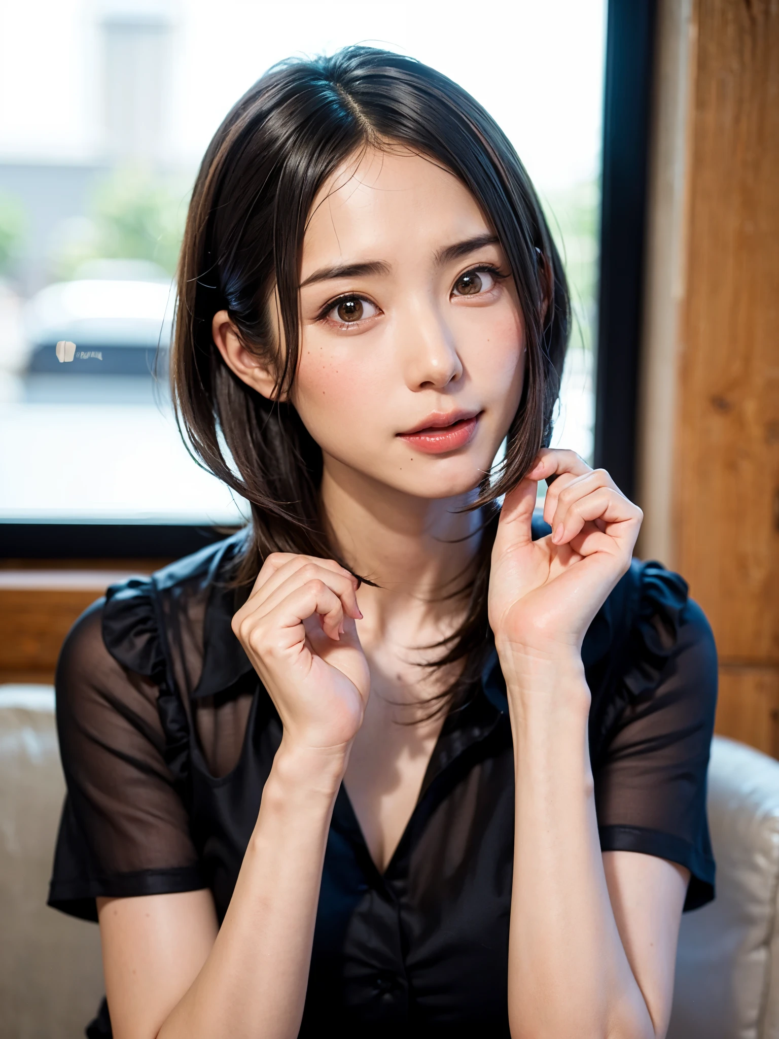 (table top, highest quality、high detail:1.4、very attractive beauty、Adds intense highlights to the eyes、look closely at the camera:1.4、Beautiful woman full of charm、ideal body proportions、perfect anatomy、brunette short bob hair、shiny hair、bangs:2、光沢のあるbangs:2、lip gloss),1 girl, Report, light brown shiny hair, scarf,realistic, looking at the viewer、Please tilt your head slightly, bright colored crystal light blue eyes, short and shiny hair、 chest中央に穴の開いた白いタートルネックの衣装,chestの真ん中に丸い穴のあるセクシーな白いタートルネック ニット セーター、 lips, lip gloss, Upper body、Big eyes、eyelash、face is a little red、embarrassing)、((italian road in winter))、((short hair with Big eyess、Give students very powerful highlights、{Huge|big|Hugeな|mega} chest:2、very bigger chest:2、look at the audience、very beautiful beauty、please show me your ears、long neck、smile a little、beautiful teeth、open your mouth and smile、heart shaped eyes))、28 years old、very cute super model、portrait:2、close up face:2