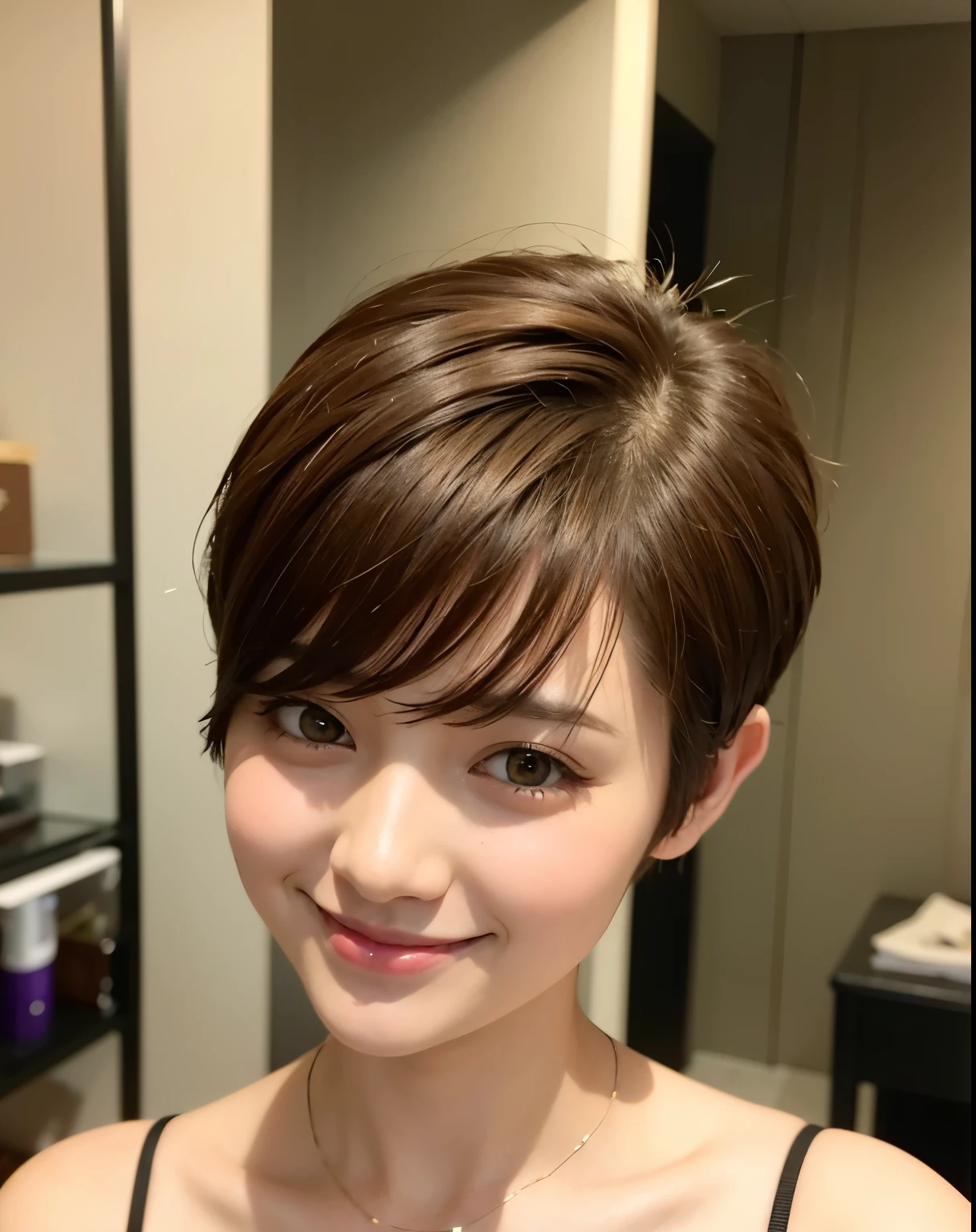 Short hair Pixie cut Cecil cut Uneven hair tips Very short hair Smile Brown hair