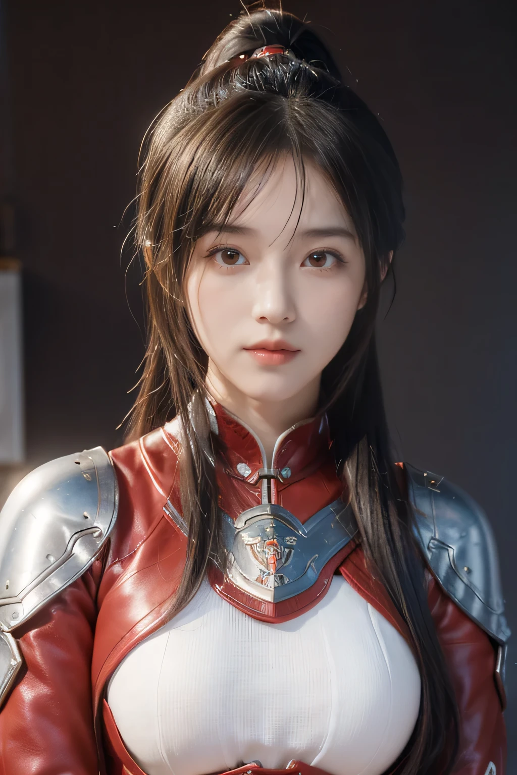 masterpiece,Best quality,A high resolution,8K,,((Head close-up)),Original photo,real photo,森林环境((野外背景)),digital photography,(汉代战场中的女将军),18-year-old girl,(long ponytail hairstyle),cparted lips,Noble and charming,Elegant and serious,(汉代铠甲,The combination of white metal and red leather,Openwork design,armure,Knight Armor,metallic luster,Leather buckle,Exquisite pattern,mysterious badge,Cool and gorgeouig breasts)),Chest groove,三国人物画风,Photo pose,oc render reflection texture,亮丽的色调,