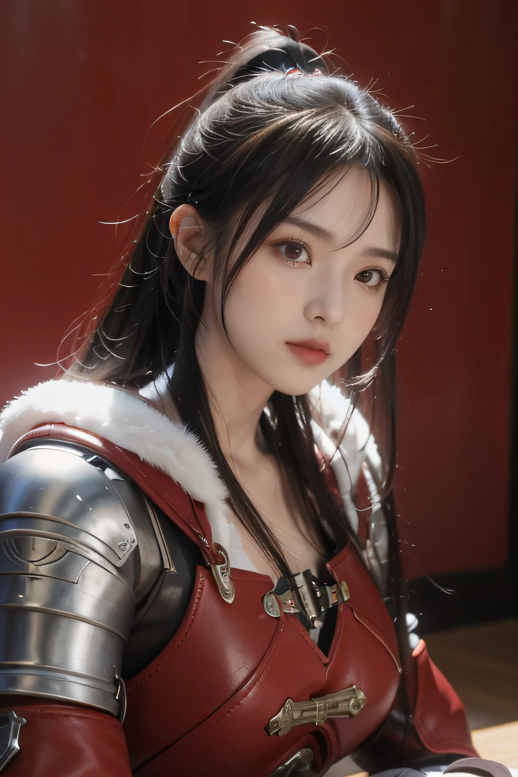 masterpiece，Best quality，A high resolution，8K，，((Head close-up))，Original photo，real photo，森林环境（（野外背景）），digital photography，(汉代战场中的女将军)，18-year-old girl，（long ponytail hairstyle)，cparted lips，Noble and charming，Elegant and serious，(汉代铠甲，The combination of white metal and red leather，Openwork design，armure，Knight Armor，metallic  luster，Leather buckle，Exquisite pattern，mysterious badge，Cool and gorgeouig breasts))，Chest groove，三国人物画风，Photo pose，oc render reflection texture，亮丽的色调，