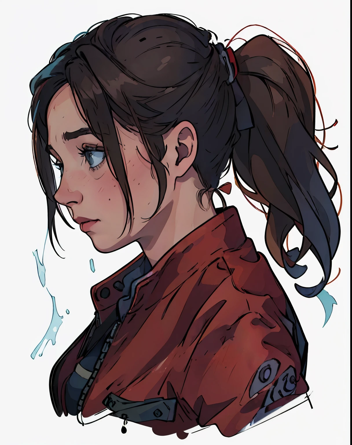 um close de uma pessoa com um rabo de cavalo e uma jaqueta vermelha, Aerith Gainsborough, arte digital escura, mas detalhada, Ellie (last of us), inspirado em Magali Villeneuve, graphic artist Magali Villeneuve, highly detailed exquisite Admirador de arte, estilo de arte realista, alena aemani arte digital, Admirador de arte, retrato de arte de personagem, Ellie from the last of us