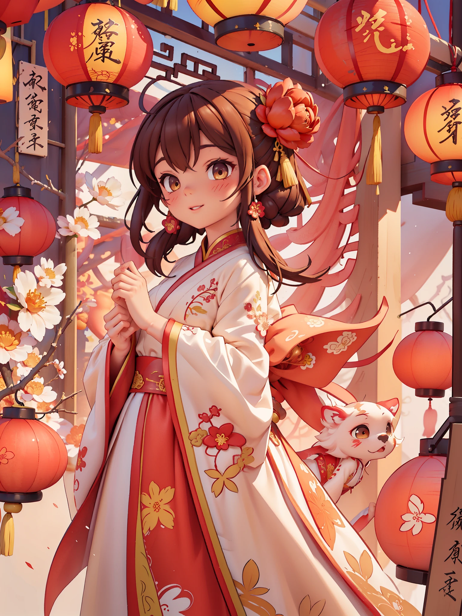 （masterpiece，quality，Best quality，official art，Beauty and aesthetics：1.2），（1 cute girl：1.3），The content is very detailed，alone，CNY,（fractal art：1.1），（a color：1.1）（blooming flowers：1.3），most detailed，（ tangled:1.2), (dynamic poses), (abstract background:1.3), (Chinese fabric:1.2), Hanfu，(skin glowing), (Many colors:1.4), Decorative painting：1.6，），brown hair,hair accessories, light,ink画和ink画，ink，Double tail,Chinese clothes,red background,Big red lanterns hung high，Jade Ruyi，