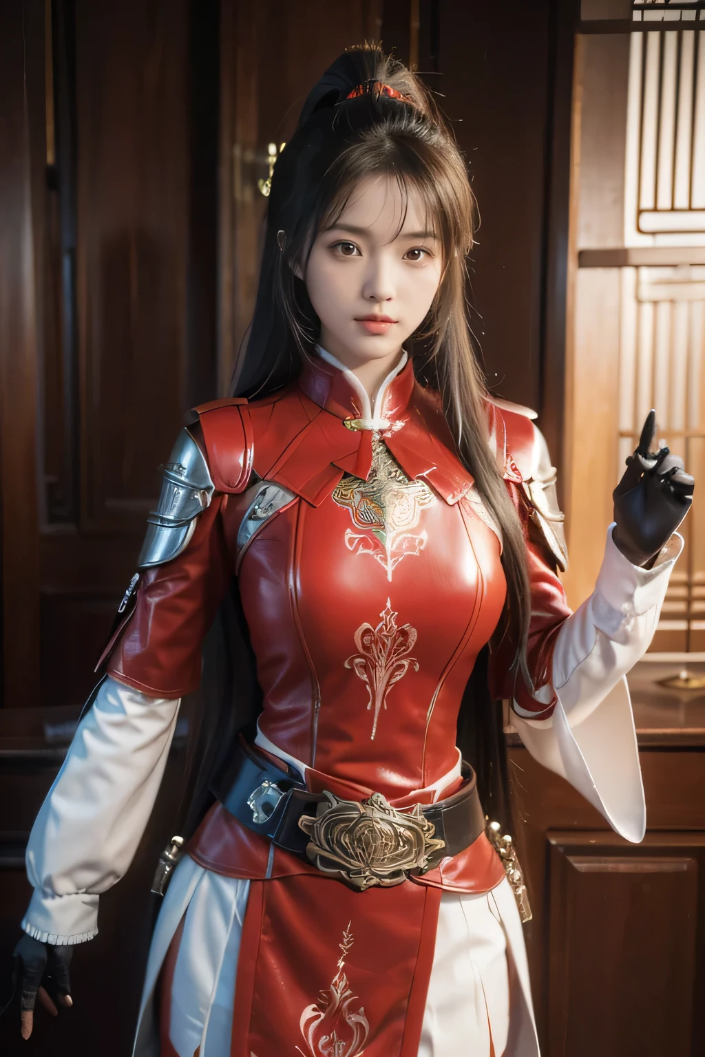 e-up)),Original photo,real photo,森林环境((野外背景)),digital photography,(汉代战场中的女将军),18-year-old girl,(long ponytail hairstyle),cparted lips,Noble and charming,Elegant and serious,(汉代铠甲,The combination of white metal and red leather,Openwork design,armure,Knight Armor,metallic luster,Leather buckle,Exquisite pattern,mysterious badge,Cool and gorgeouig breasts)),Chest groove,三国人物画风,Photo pose,oc render reflection texture,亮丽的色调,