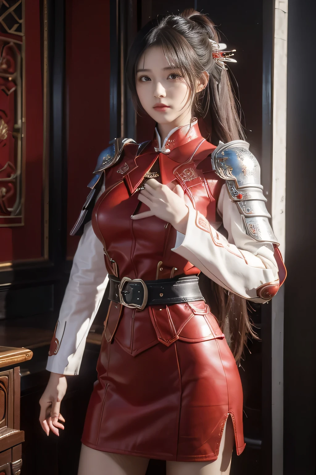 e-up))，Original photo，real photo，森林环境（（野外背景）），digital photography，(汉代战场中的女将军)，18-year-old girl，（long ponytail hairstyle)，cparted lips，Noble and charming，Elegant and serious，(汉代铠甲，The combination of white metal and red leather，Openwork design，armure，Knight Armor，metallic  luster，Leather buckle，Exquisite pattern，mysterious badge，Cool and gorgeouig breasts))，Chest groove，三国人物画风，Photo pose，oc render reflection texture，亮丽的色调，
