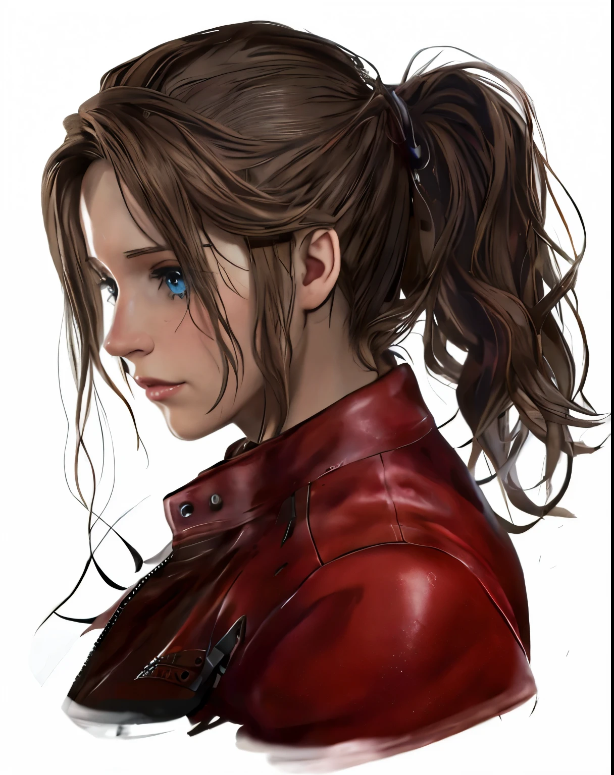 um close de uma pessoa com um rabo de cavalo e uma jaqueta vermelha, Aerith Gainsborough, arte digital escura, mas detalhada, Ellie (last of us), inspirado em Magali Villeneuve, graphic artist Magali Villeneuve, highly detailed exquisite Admirador de arte, estilo de arte realista, alena aemani arte digital, Admirador de arte, retrato de arte de personagem, Ellie from the last of us