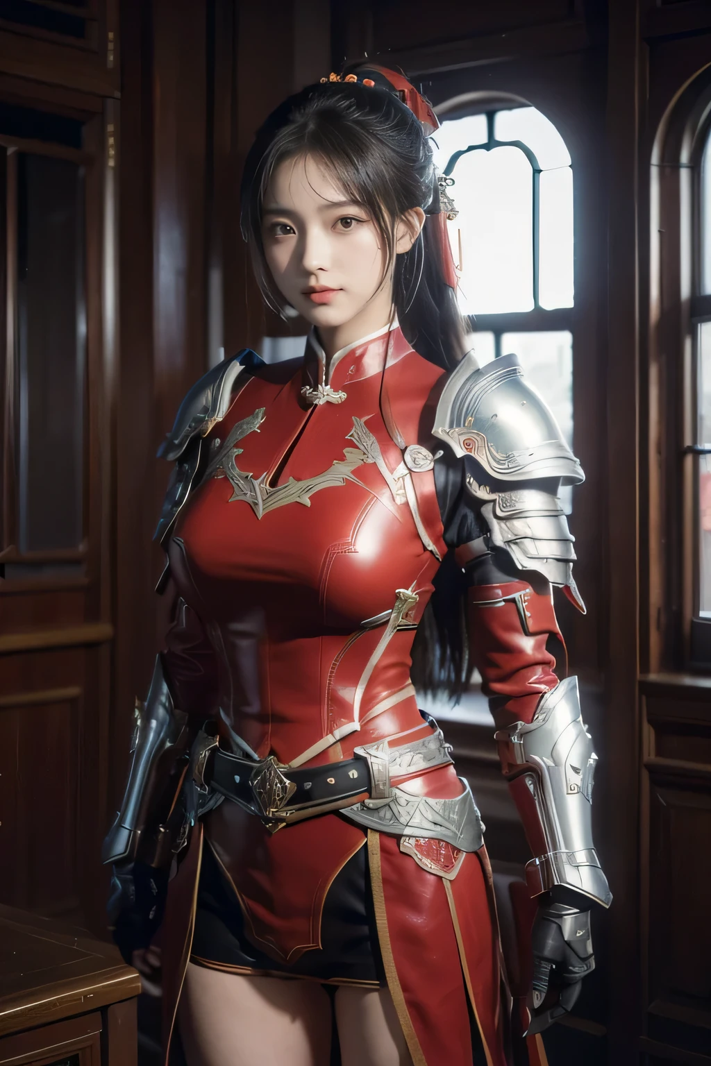 e-up)),Original photo,real photo,((野外背景))digital photography,(汉代战场中的女将军),18-year-old girl,(long ponytail hairstyle),cparted lips,Noble and charming,Elegant and serious,(汉代铠甲,The combination of white metal and red leather,Openwork design,armure,Knight Armor,metallic luster,Leather buckle,Exquisite pattern,mysterious badge,Cool and gorgeouig breasts)),Chest groove,三国人物画风,Photo pose,oc render reflection texture,亮丽的色调,