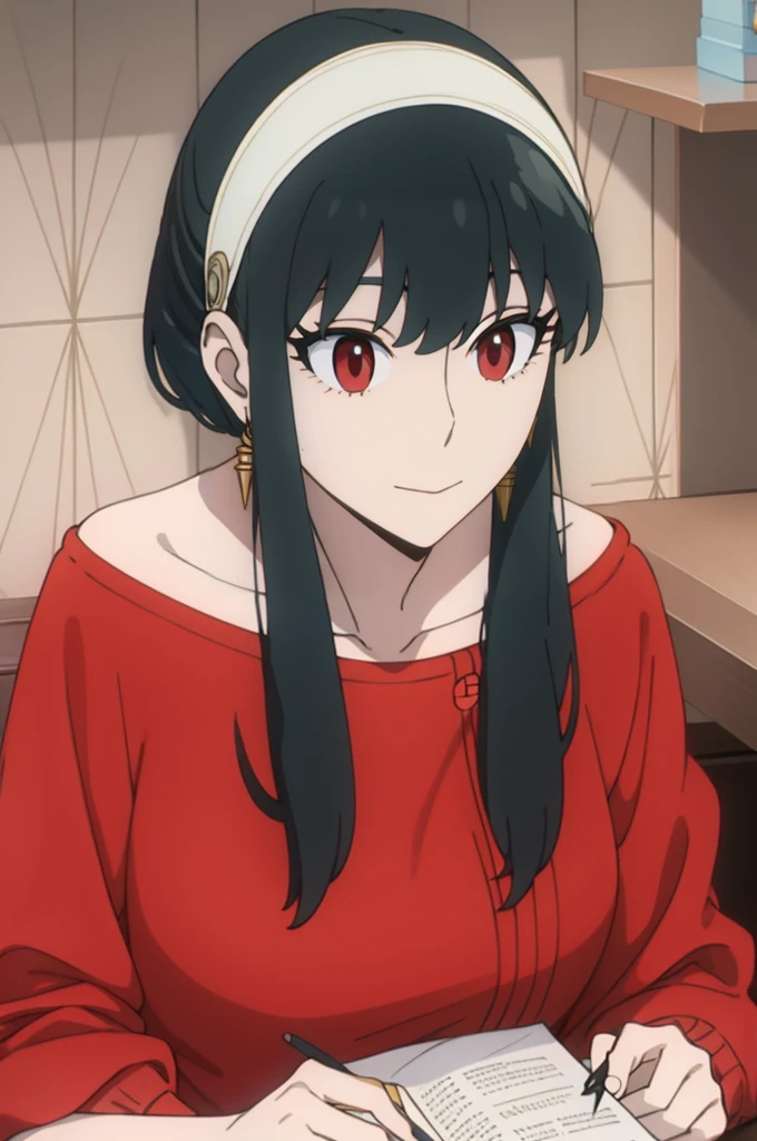 { - anatomy error} (Masterpiece, Best Quality) (masterpiece:1.4),(best quality:1.4) best quality, masterpiece, highres, solo, {yor_briar_spyxfamily:1.15}, black_hair, hairband, red eyes, sidelocks, white_hairband, jewelry, earrings, bangs, long_hair, 1girl, collarbone, closed_mouth, red_sweater, sweater,
