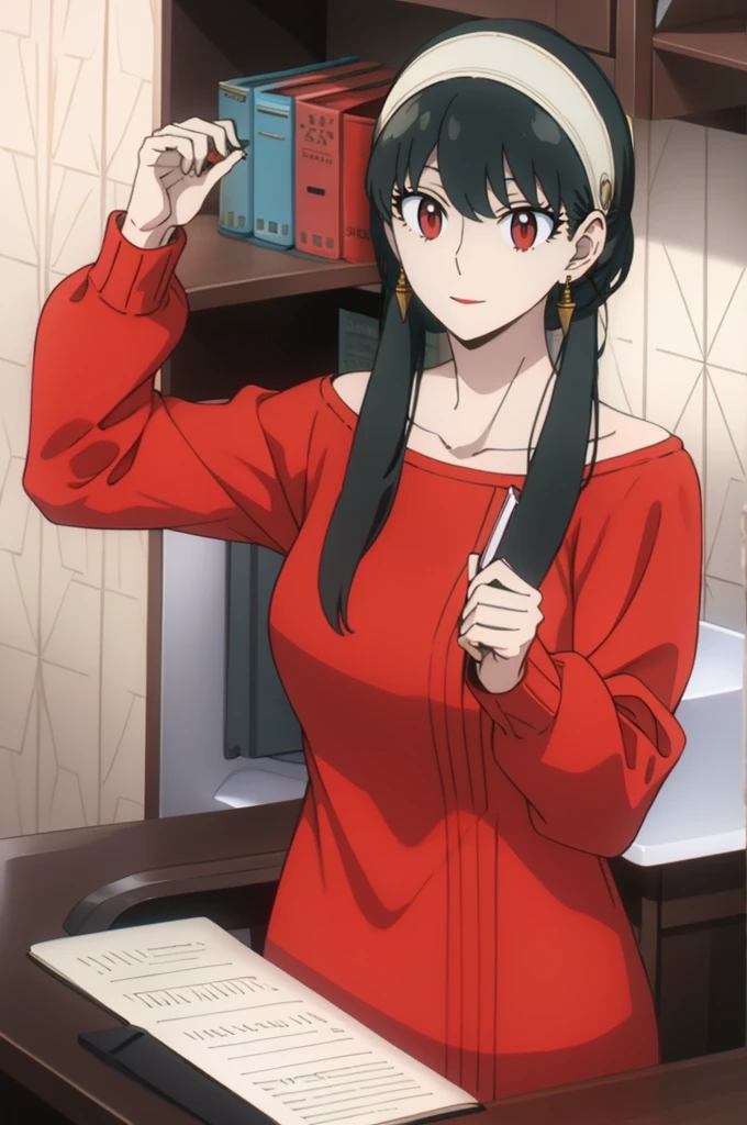 { - anatomy error} (Masterpiece, Best Quality) (masterpiece:1.4),(best quality:1.4) best quality, masterpiece, highres, solo, {yor_briar_spyxfamily:1.15}, black_hair, hairband, red eyes, sidelocks, white_hairband, jewelry, earrings, bangs, long_hair, 1girl, collarbone, closed_mouth, red_sweater, sweater,
