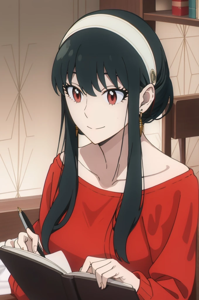 { - anatomy error} (Masterpiece, Best Quality) (masterpiece:1.4),(best quality:1.4) best quality, masterpiece, highres, solo, {yor_briar_spyxfamily:1.15}, black_hair, hairband, red eyes, sidelocks, white_hairband, jewelry, earrings, bangs, long_hair, 1girl, collarbone, closed_mouth, red_sweater, sweater,
