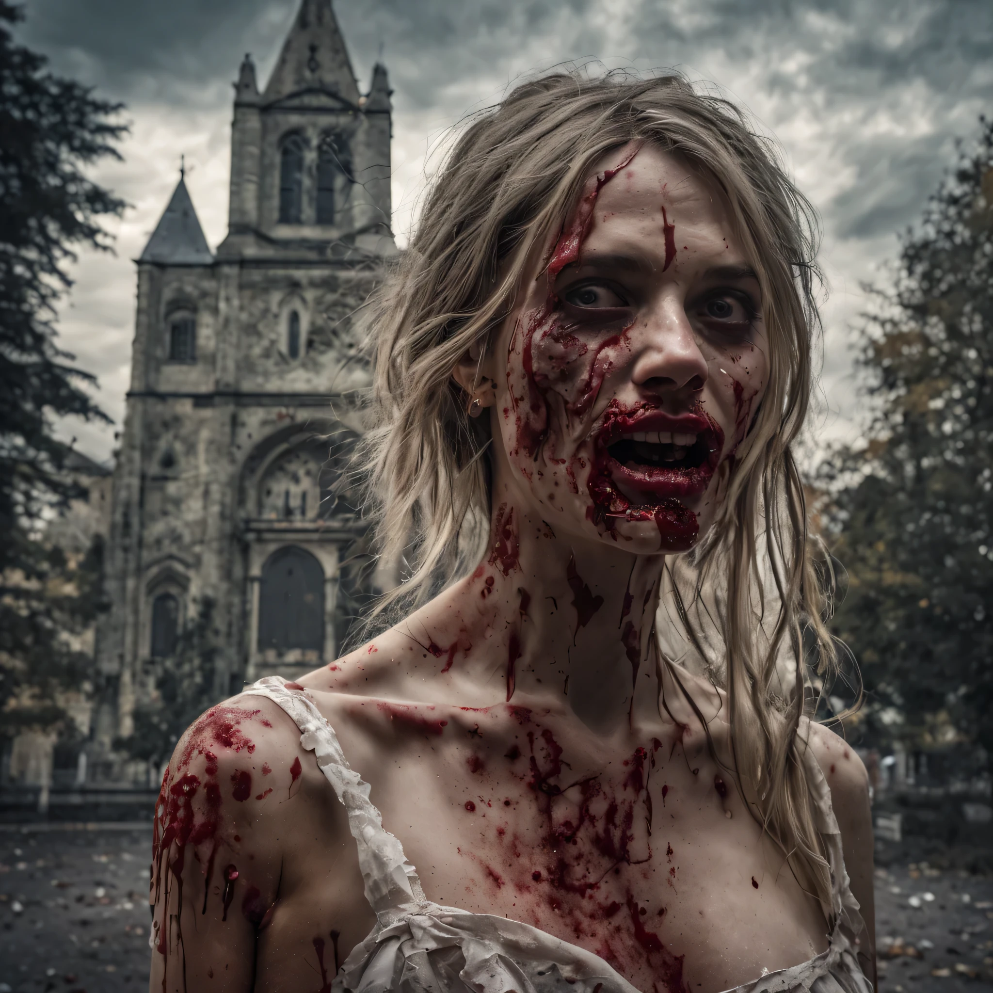 (zombie young girl face:1.4), a bride, zombie face, angry face, hair with strands of gray hair, open mouth, rotten, in a dirty torn wedding dress, a dress in red liquid paint, in a veil, wounds, abrasions, cuts, bruises, bullet holes on the body, in the background a church cathedral, cemetery, detail face, detail backgrounds little blur, reflection from wet, not much light on models, correct shadows, HDR, photorealistic, professional photo, gloomy style