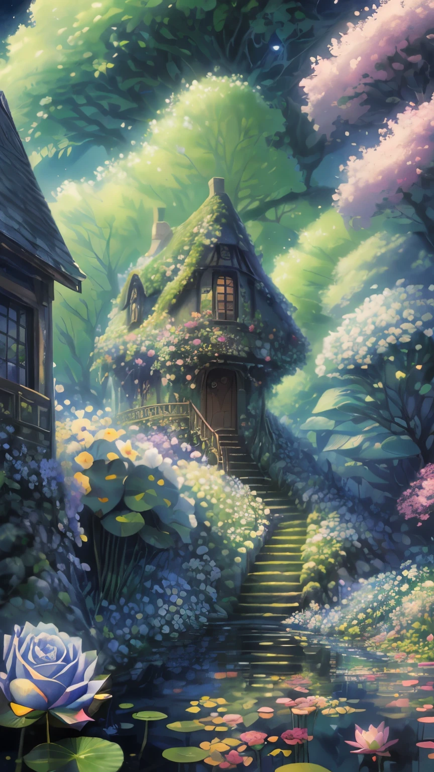 unmanned，Secret garden, (Rose flower)，Strange tree house，stairs，Winding bluestone road，（waterfall man），（creek），lotus，water lilies，Rose bushes，plump big breasts, flowery, Rose, Butterfly，firefly，plant, , moody, sky sky，nebula，night sky，Star，moonlight，
 ， paper_cut