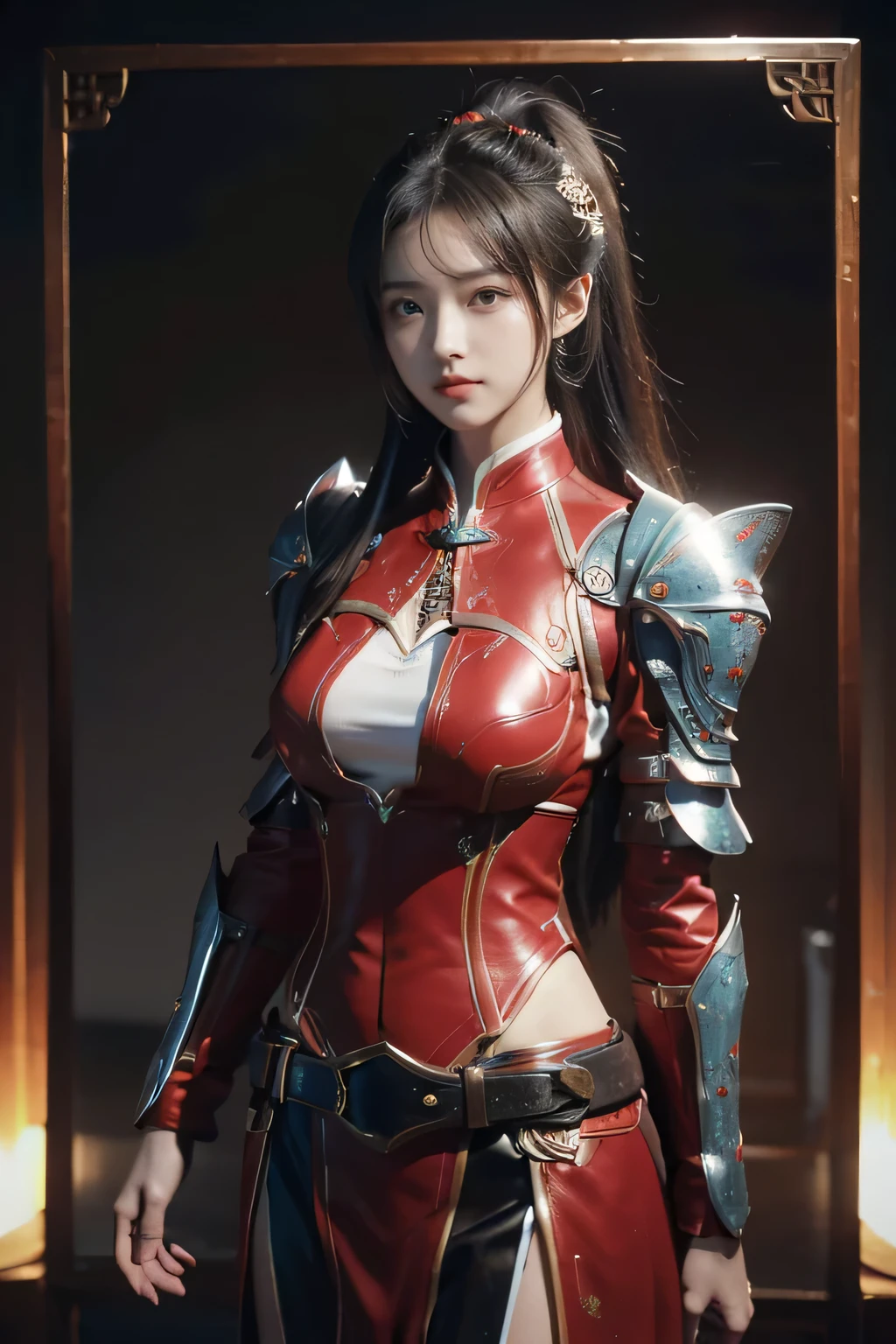 e-up))，Original photo，real photo，digital photography，(汉代战场中的女将军)，18-year-old girl，（long ponytail hairstyle)，cparted lips，Noble and charming，Elegant and serious，(汉代铠甲，The combination of white metal and red leather，Openwork design，armure，Knight Armor，metallic  luster，Leather buckle，Exquisite pattern，mysterious badge，Cool and gorgeouig breasts))，Chest groove，三国人物画风，Photo pose，oc render reflection texture，亮丽的色调，（森林背景）