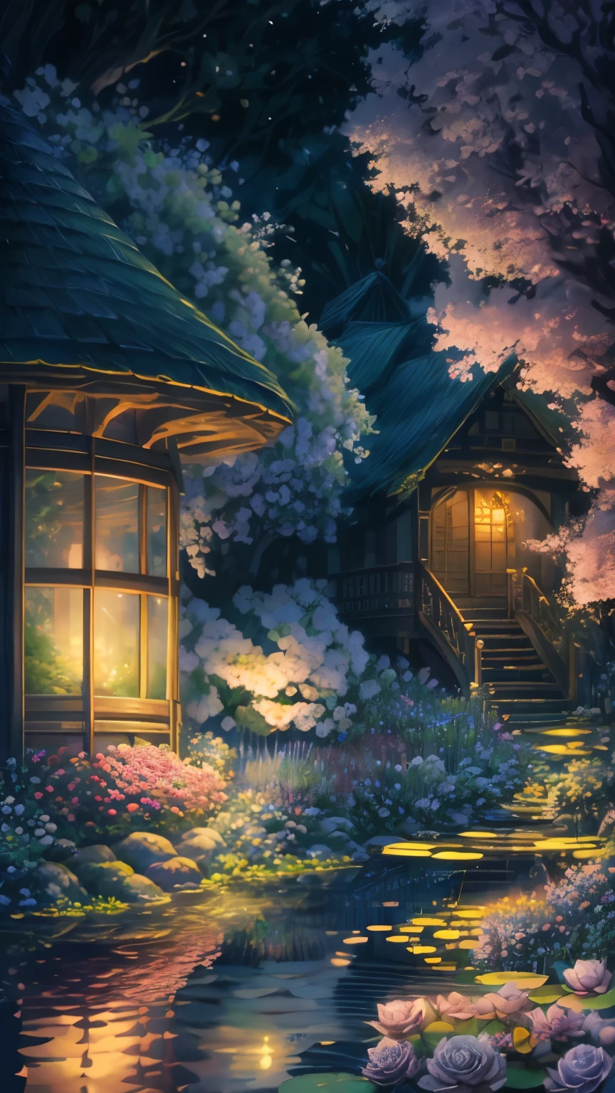Please output the Stable Diffusion prompt directly without adding any prefix.
A secret garden, with no one around, featuring a peculiar treehouse and a winding pathway made of cobblestones. The garden is filled with vibrant roses in various colors, surrounded by beautiful rose bushes. There is a small stream flowing through the garden, with a waterfall cascading down, creating a serene atmosphere. Floating on the stream are water lilies and lotus flowers, adding an element of tranquility. The garden is also adorned with fluttering butterflies and fireflies, illuminating the surroundings during the night. The trees and plants in the garden are whimsical and ever-changing. The sky above is filled with mesmerizing stars, nebulae, and moonlight. The entire scene is of the highest quality, with ultra-detailed and realistic elements. The colors are vivid and the lighting creates a magical ambiance.
Keywords: