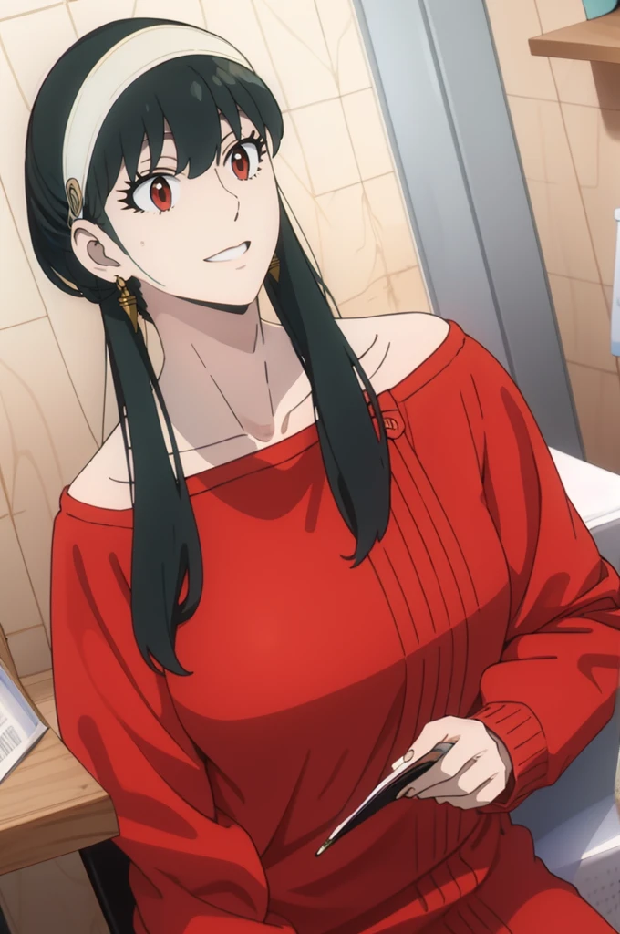 { - anatomy error} (Masterpiece, Best Quality) (masterpiece:1.4),(best quality:1.4) best quality, masterpiece, highres, solo, {yor_briar_spyxfamily:1.15}, black_hair, hairband, red eyes, sidelocks, white_hairband, jewelry, earrings, bangs, long_hair, 1girl, collarbone, closed_mouth, red_sweater, sweater, backwards, full body, dinamic poses, looking at camera, smile, pregnant belly, pregnancy, 6 months